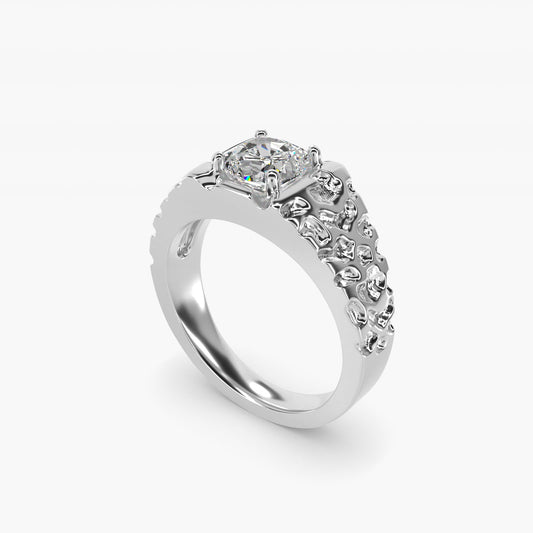 Men's Nugget Engagement Ring in 18k White Gold - Cushion Center