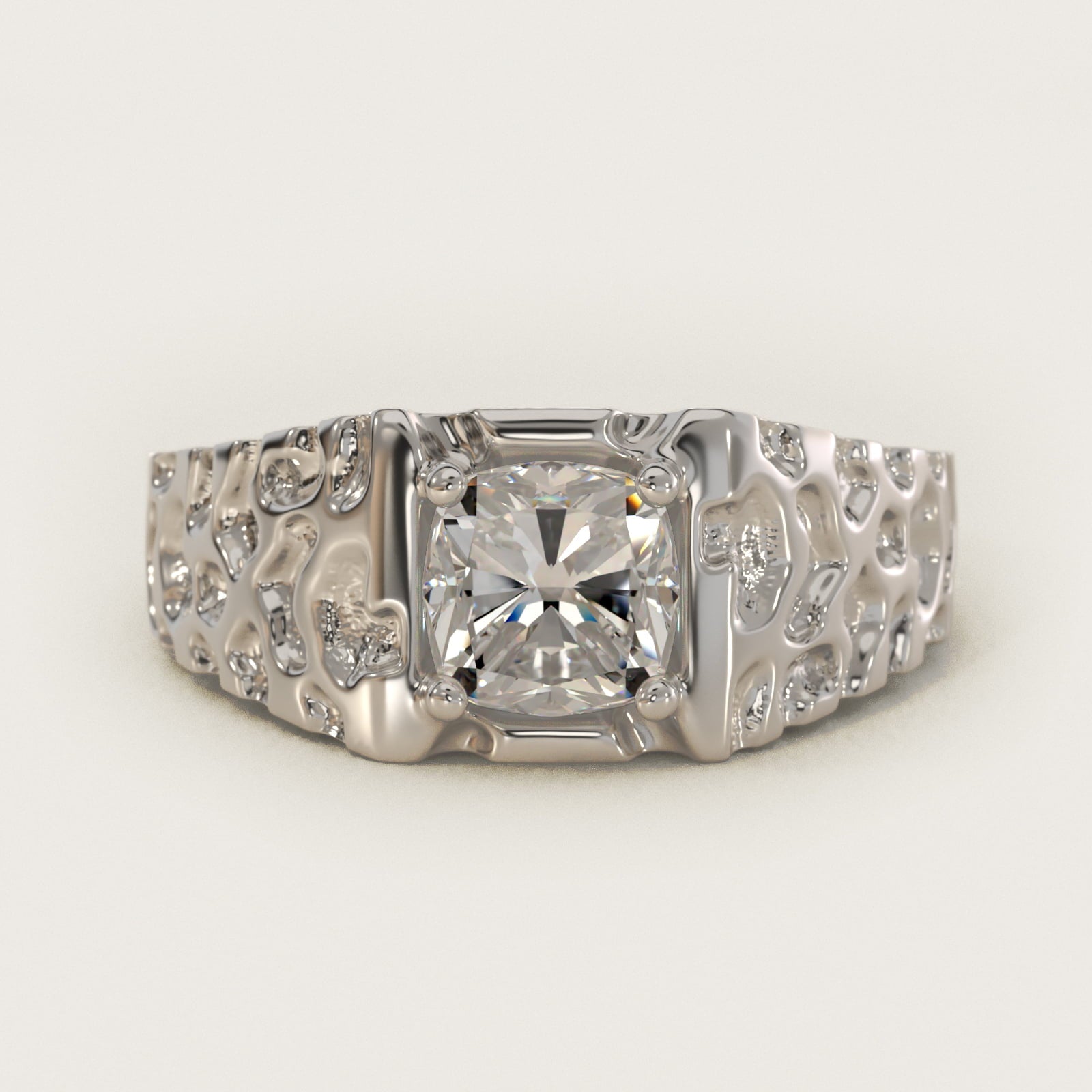 Men's Nugget Engagement Ring in 18k White Gold - Cushion Center