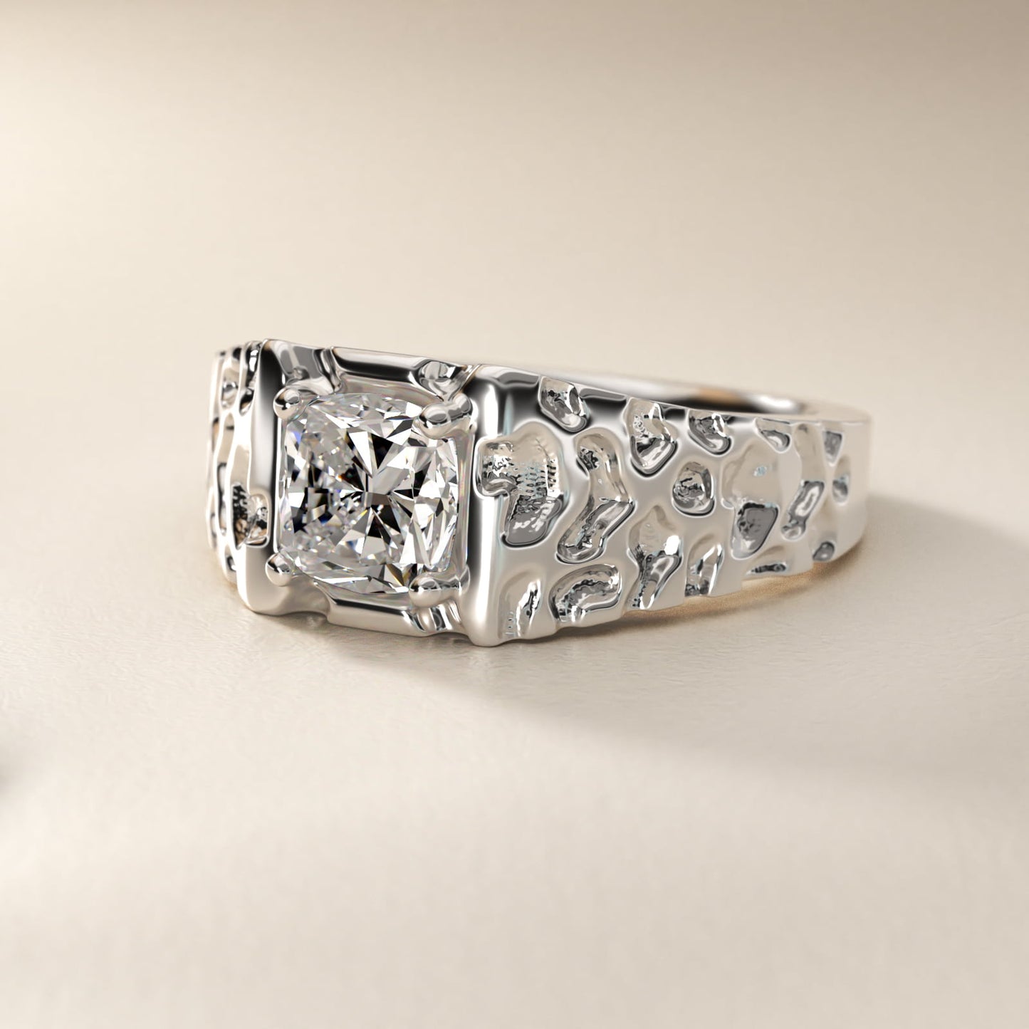 Men's Nugget Engagement Ring in 18k White Gold - Cushion Center