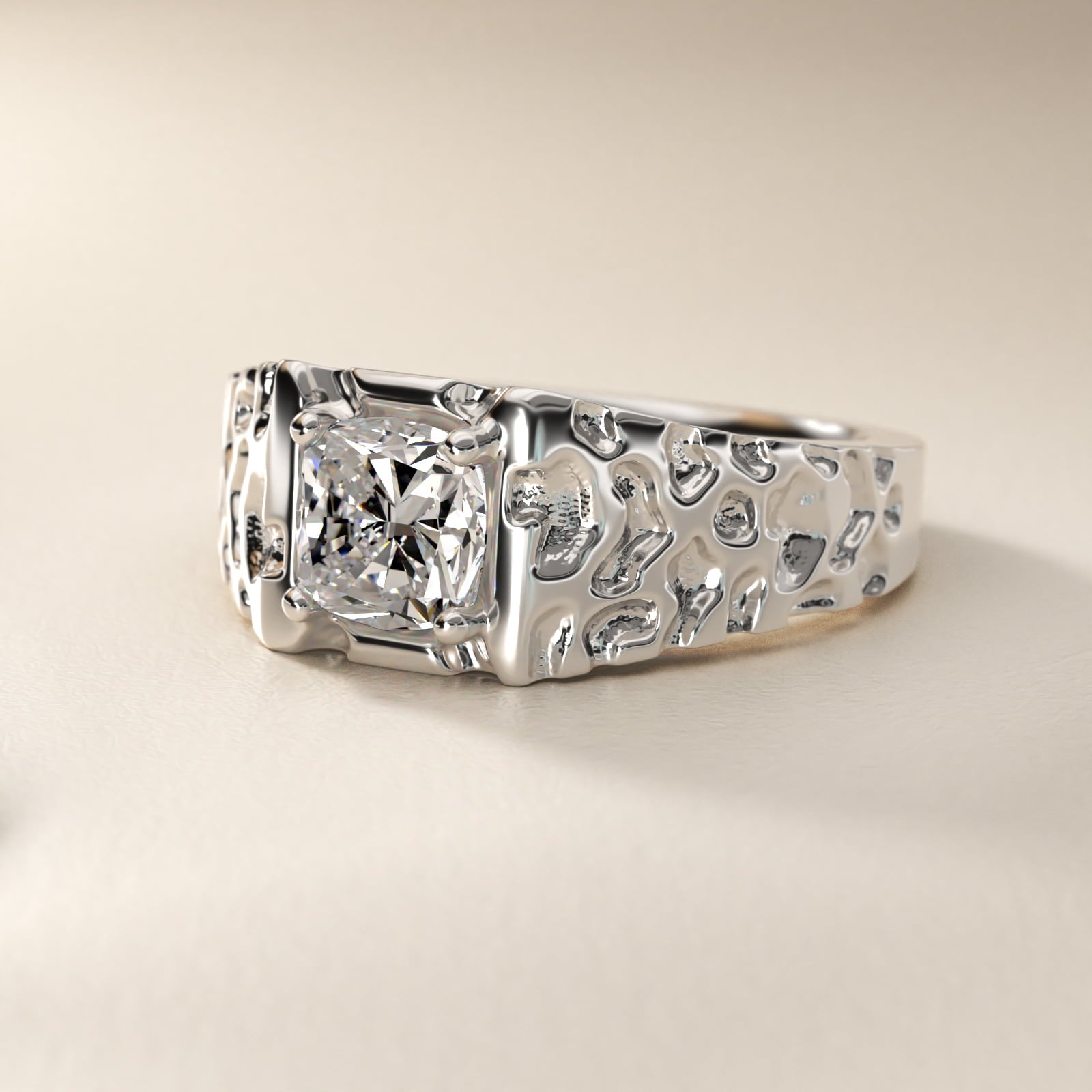 Men's Nugget Engagement Ring in 18k White Gold - Cushion Center