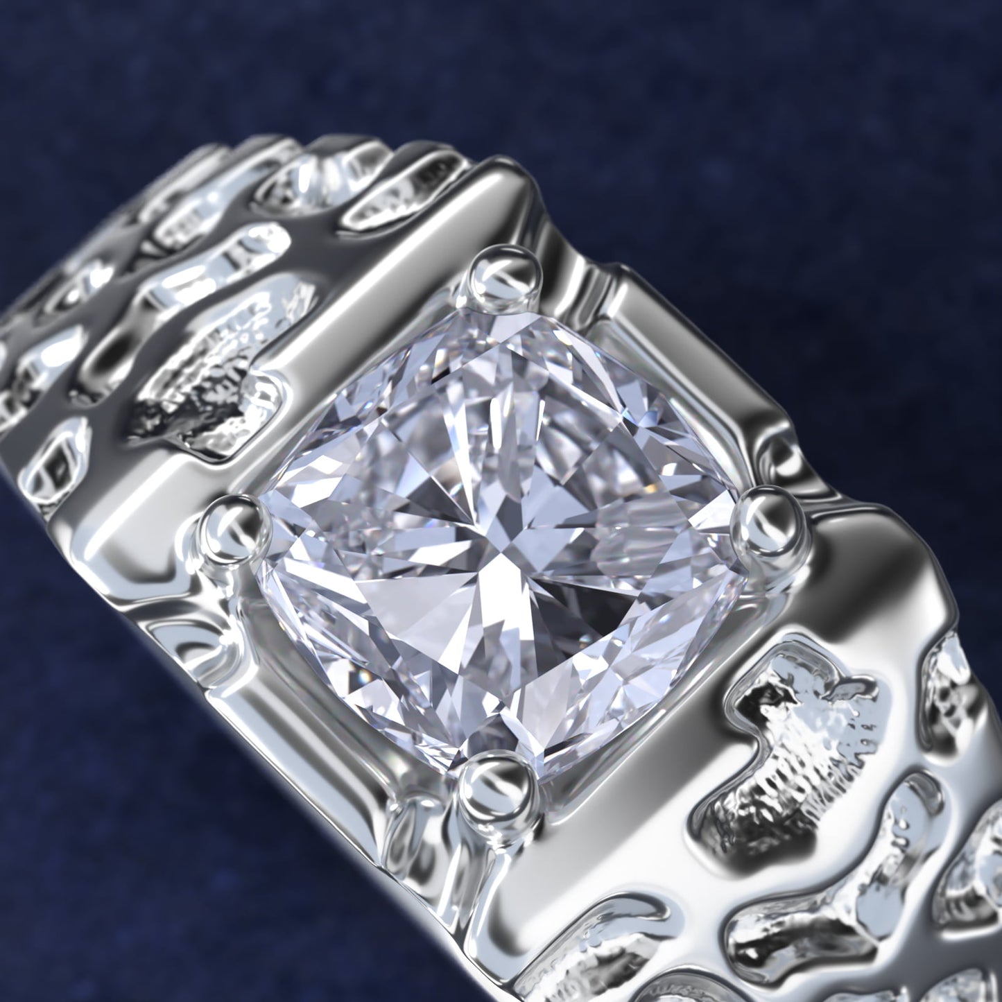 Men's Nugget Engagement Ring in 14k White Gold - Cushion Center