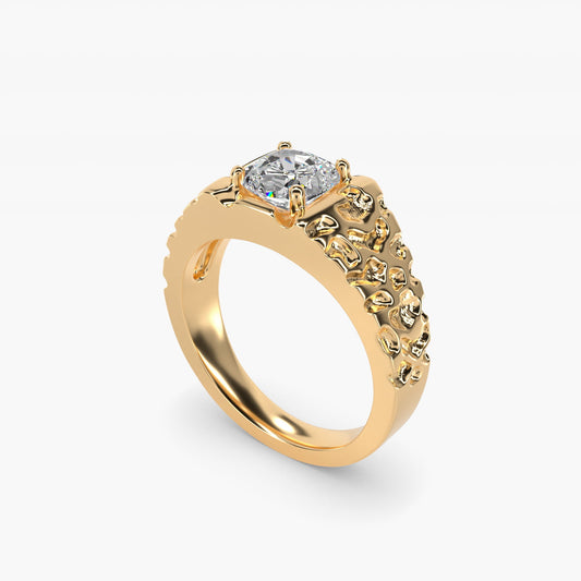 Men's Nugget Engagement Ring in 18k Yellow Gold - Cushion Center