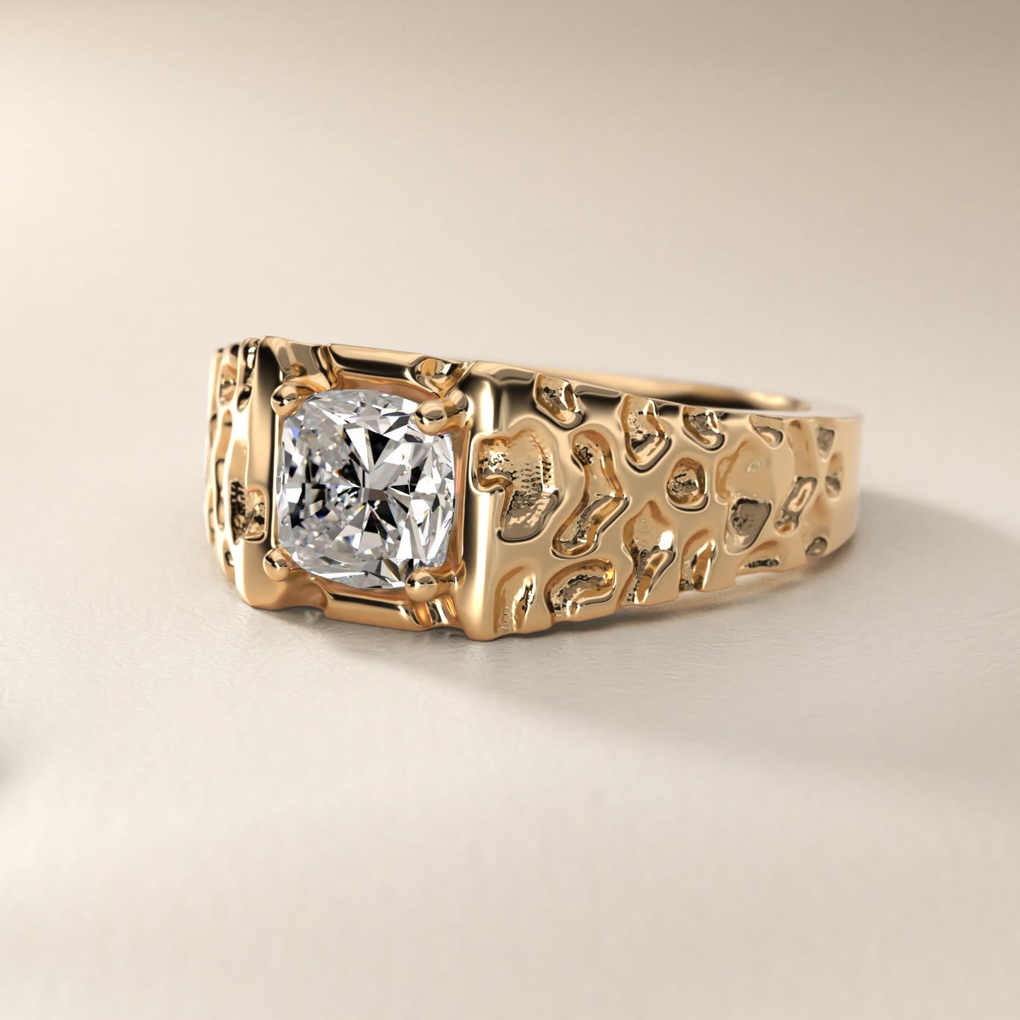 Men's Nugget Engagement Ring in 14k Yellow Gold - Cushion Center