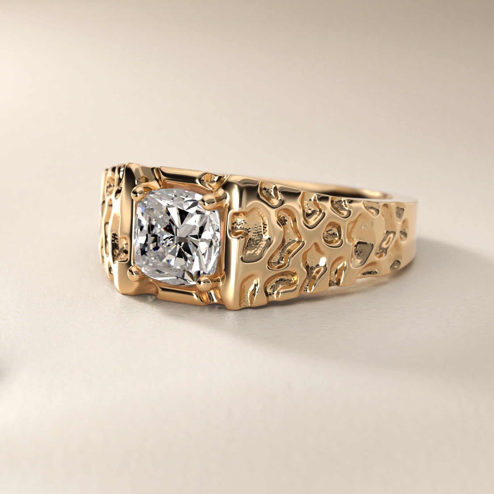 Men's Nugget Engagement Ring in 14k Yellow Gold - Cushion Center