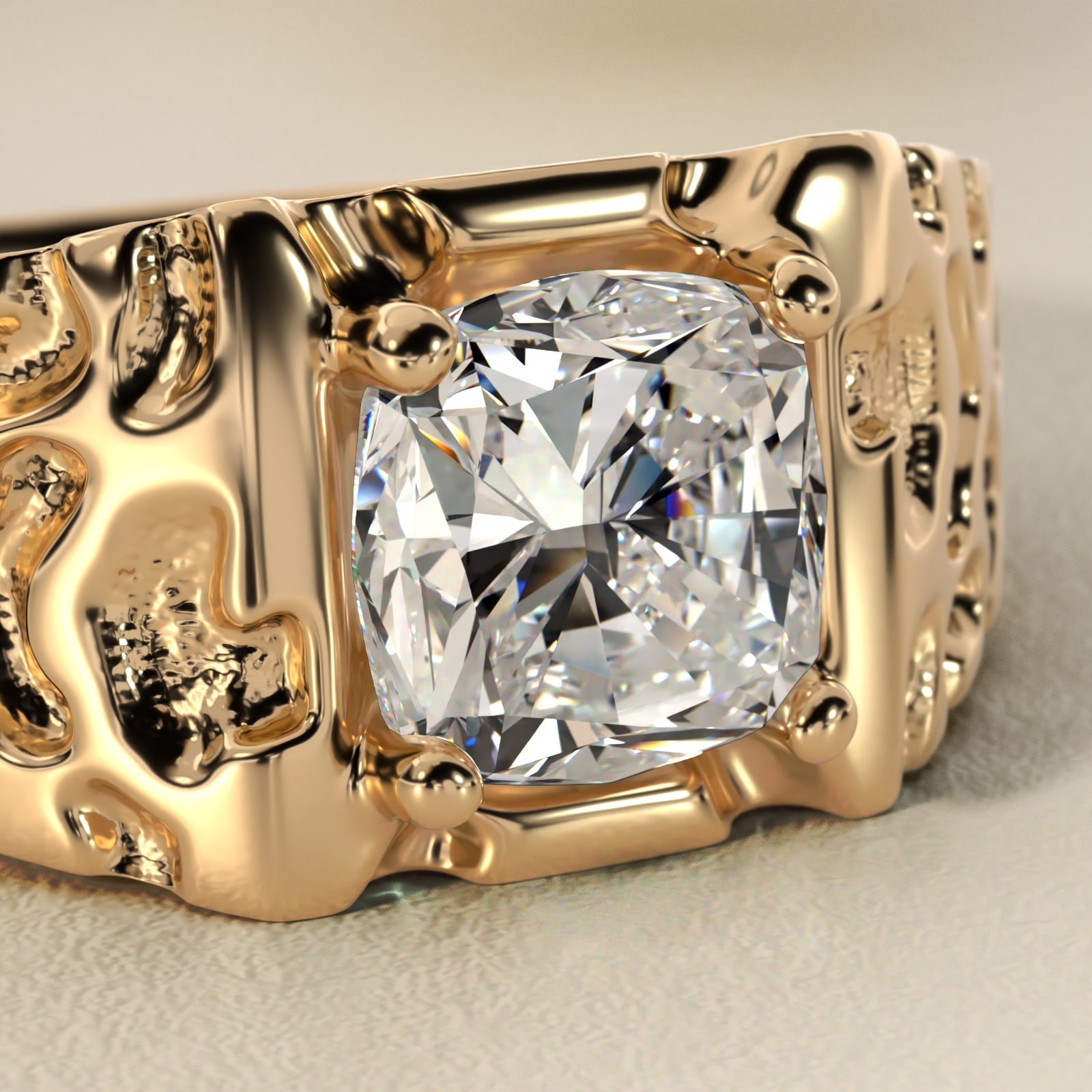 Men's Nugget Engagement Ring in 14k Yellow Gold - Cushion Center