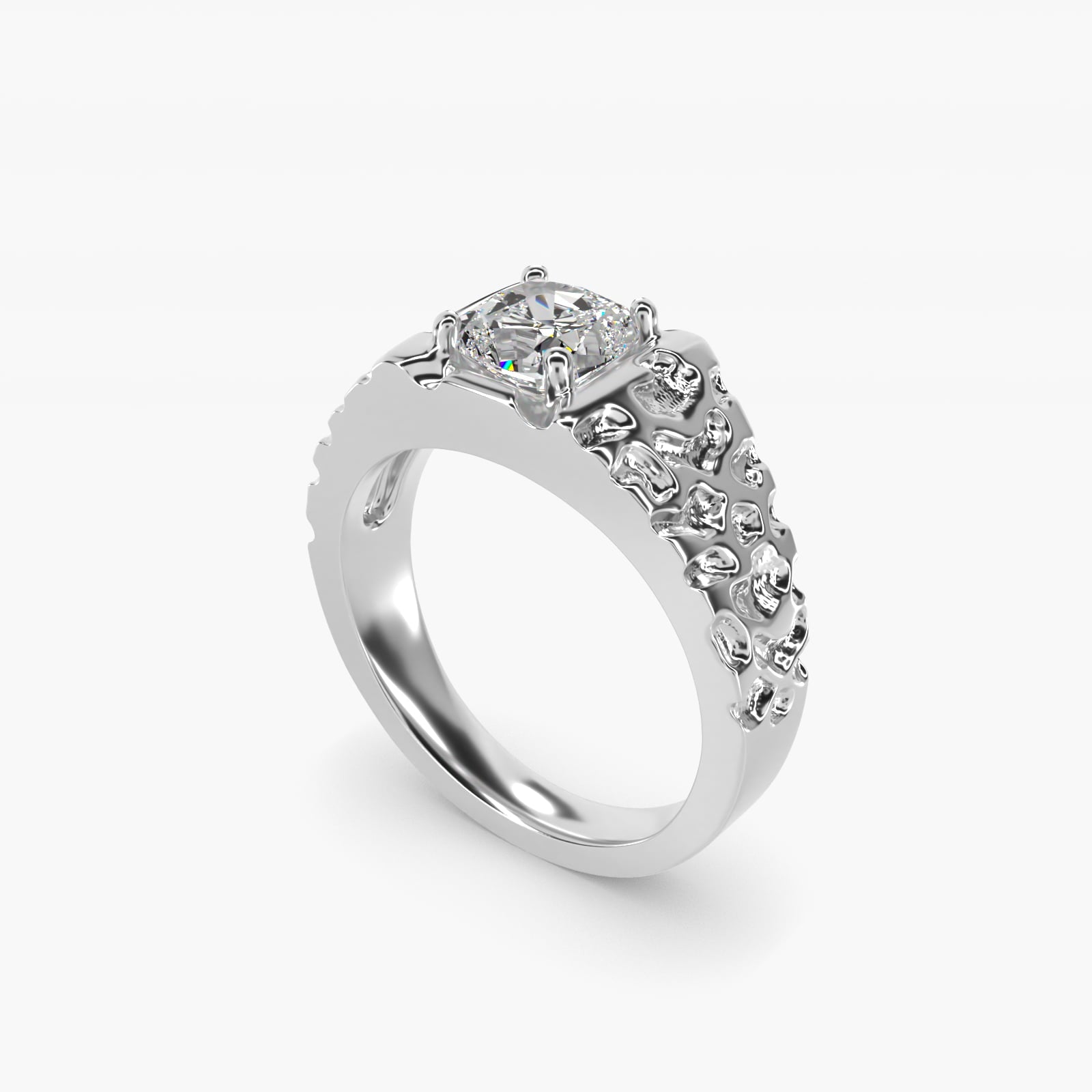 Men's Nugget Engagement Ring in Platinum - Cushion Center