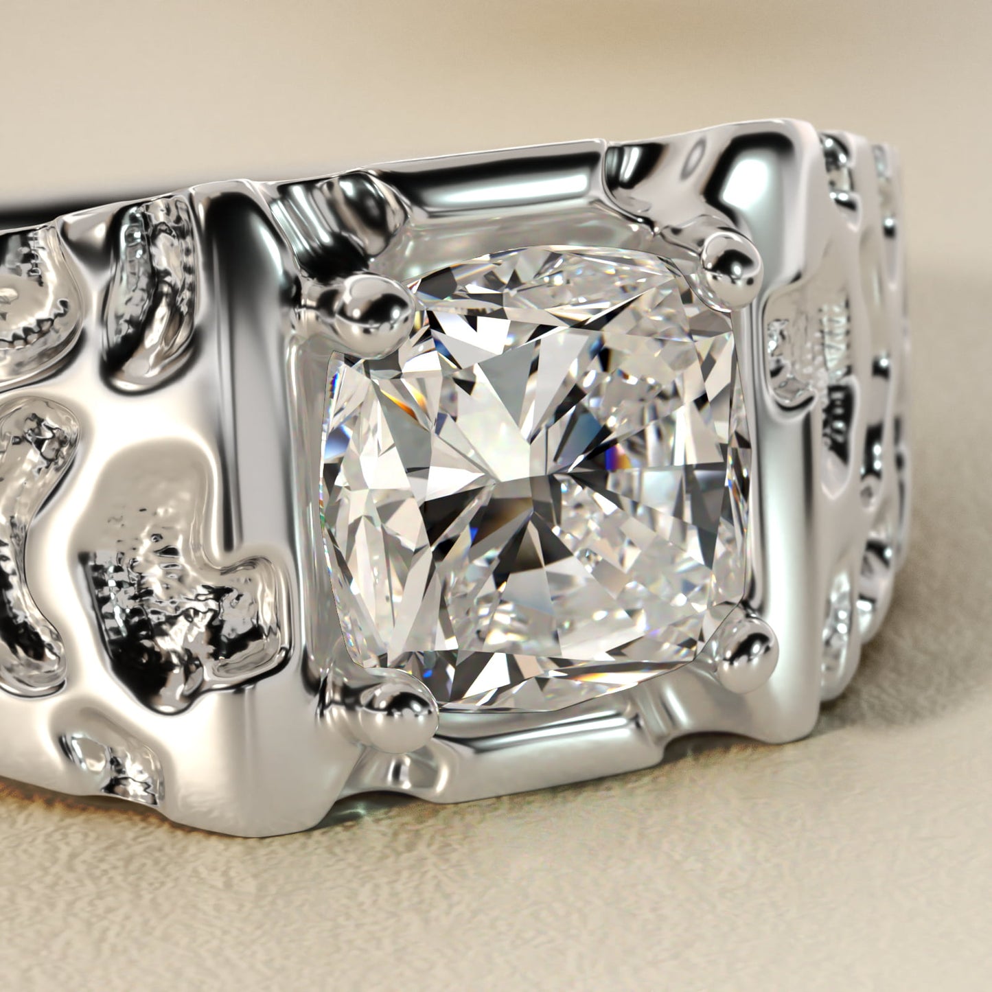 Men's Nugget Engagement Ring in Platinum - Cushion Center