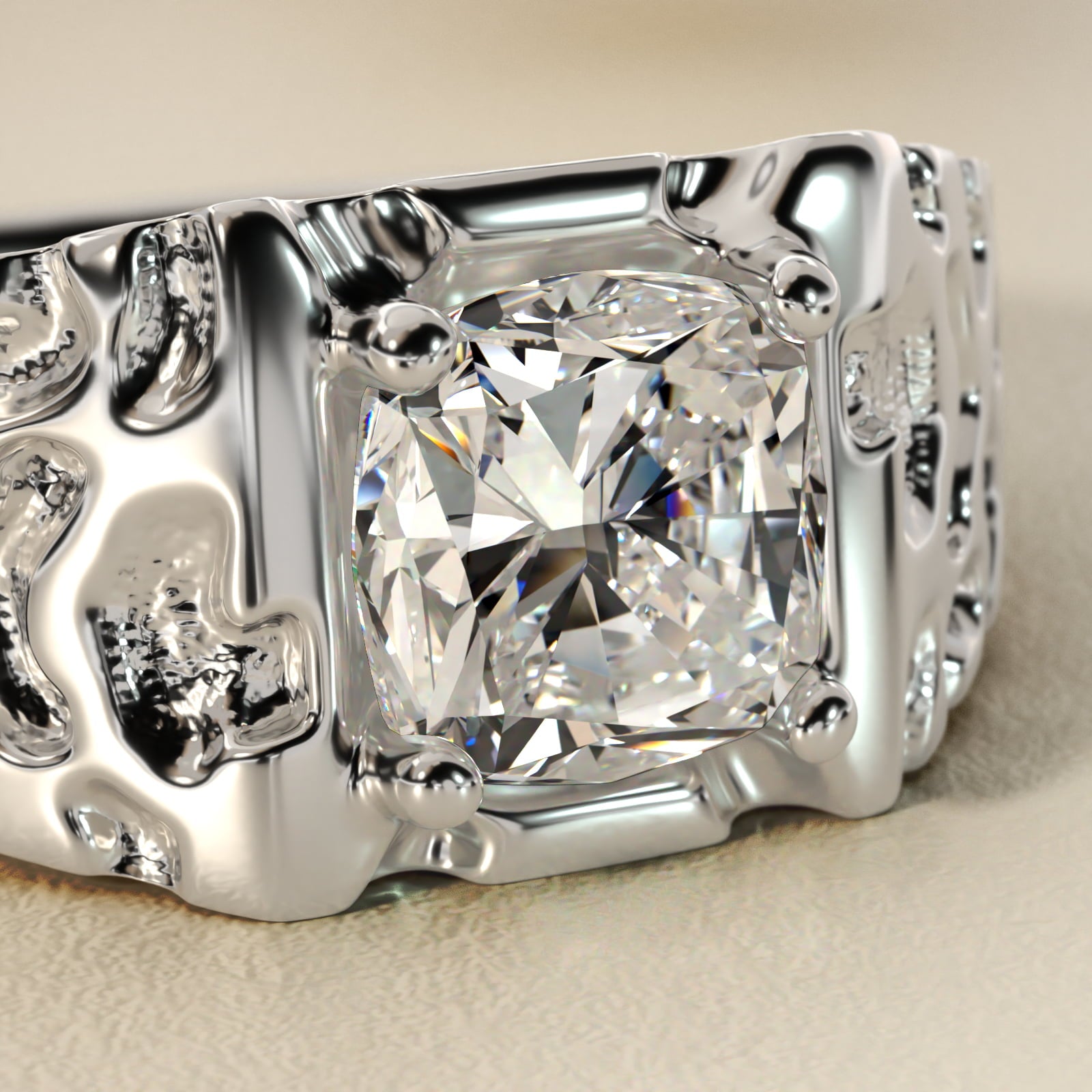 Men's Nugget Engagement Ring in Platinum - Cushion Center