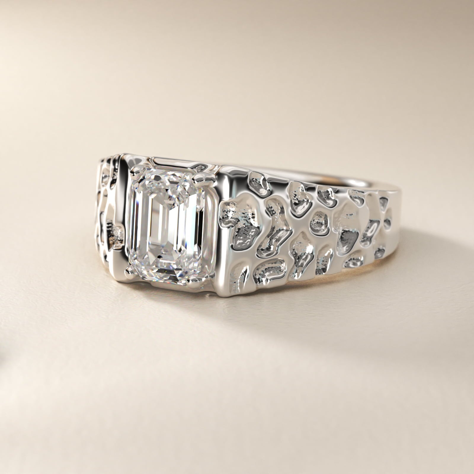 Men's Nugget Engagement Ring in 18k White Gold - Emerald Center