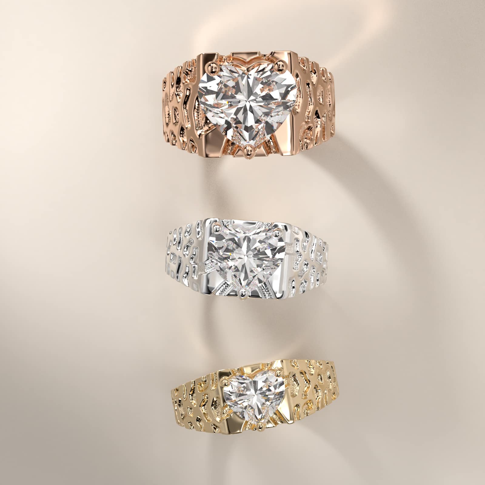 Men's Nugget Engagement Ring in 18k Rose Gold - Heart Center