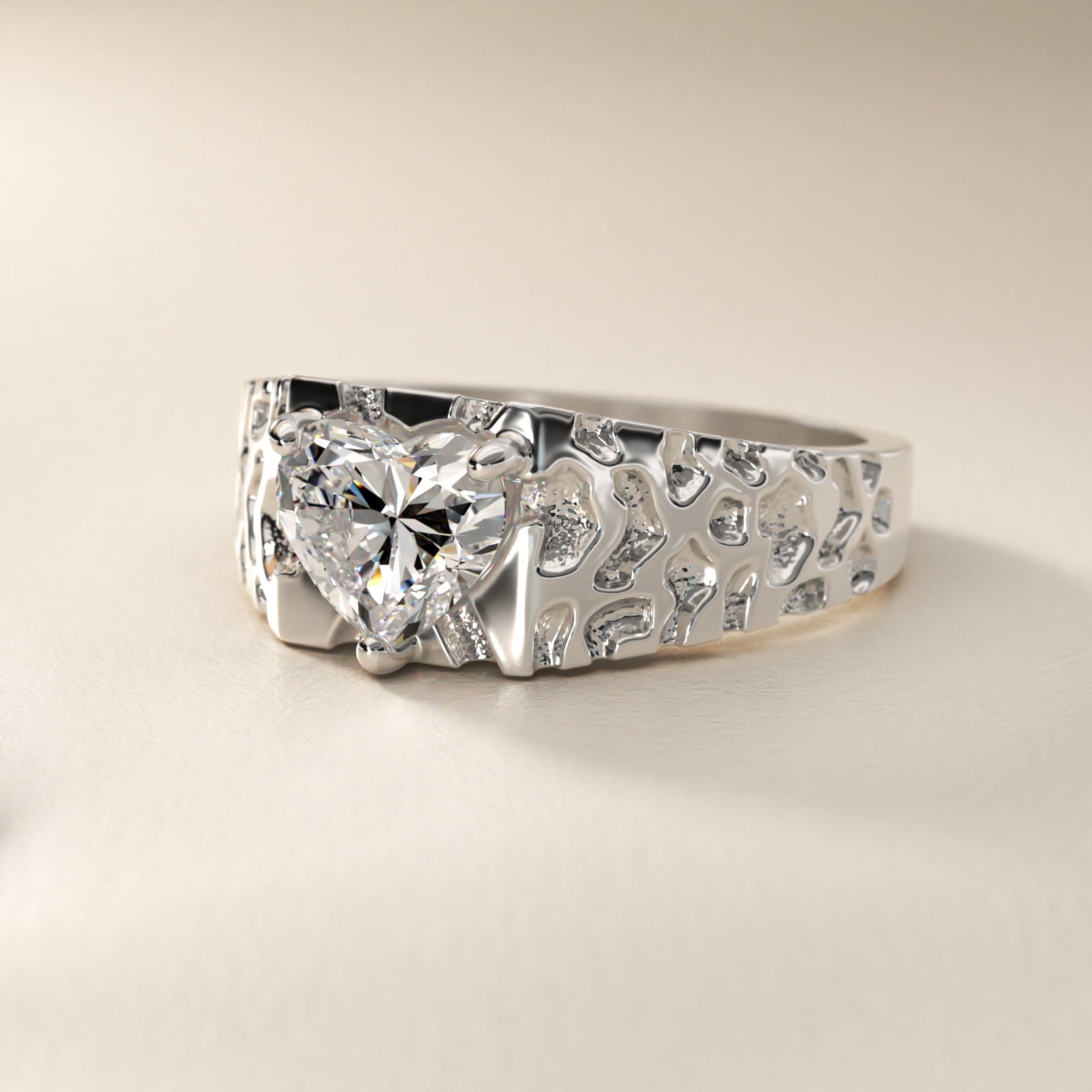 Men's Nugget Engagement Ring in 14k White Gold - Heart Center