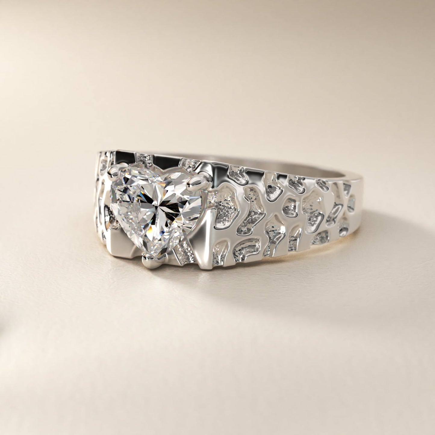 Men's Nugget Engagement Ring in 18k White Gold - Heart Center