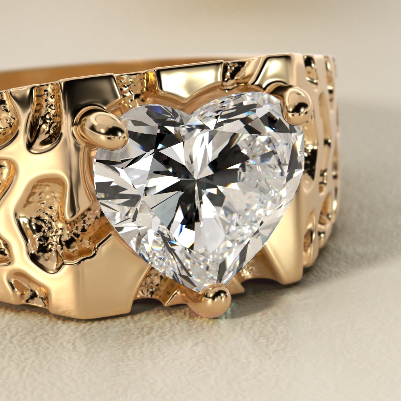 Men's Nugget Engagement Ring in 18k Yellow Gold - Heart Center