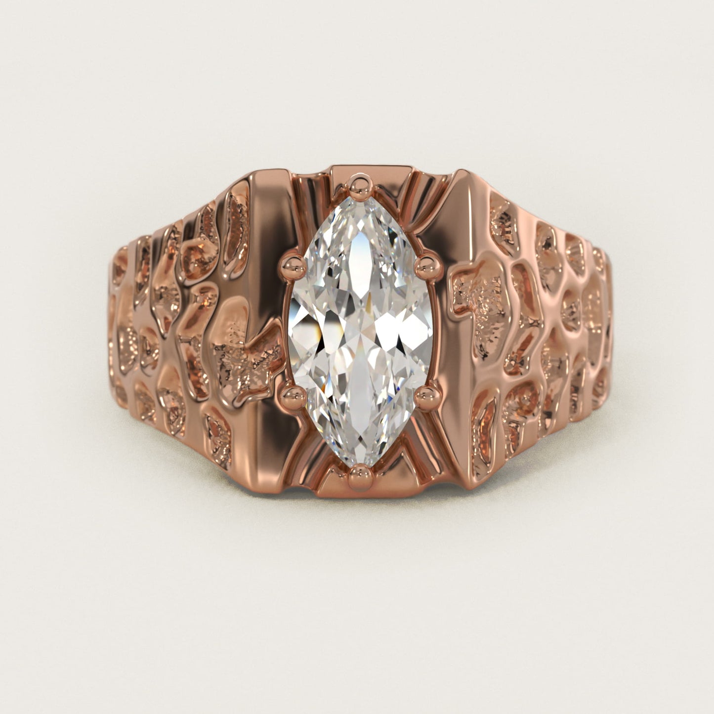 Men's Nugget Engagement Ring in 14k Rose Gold - Marquise Center