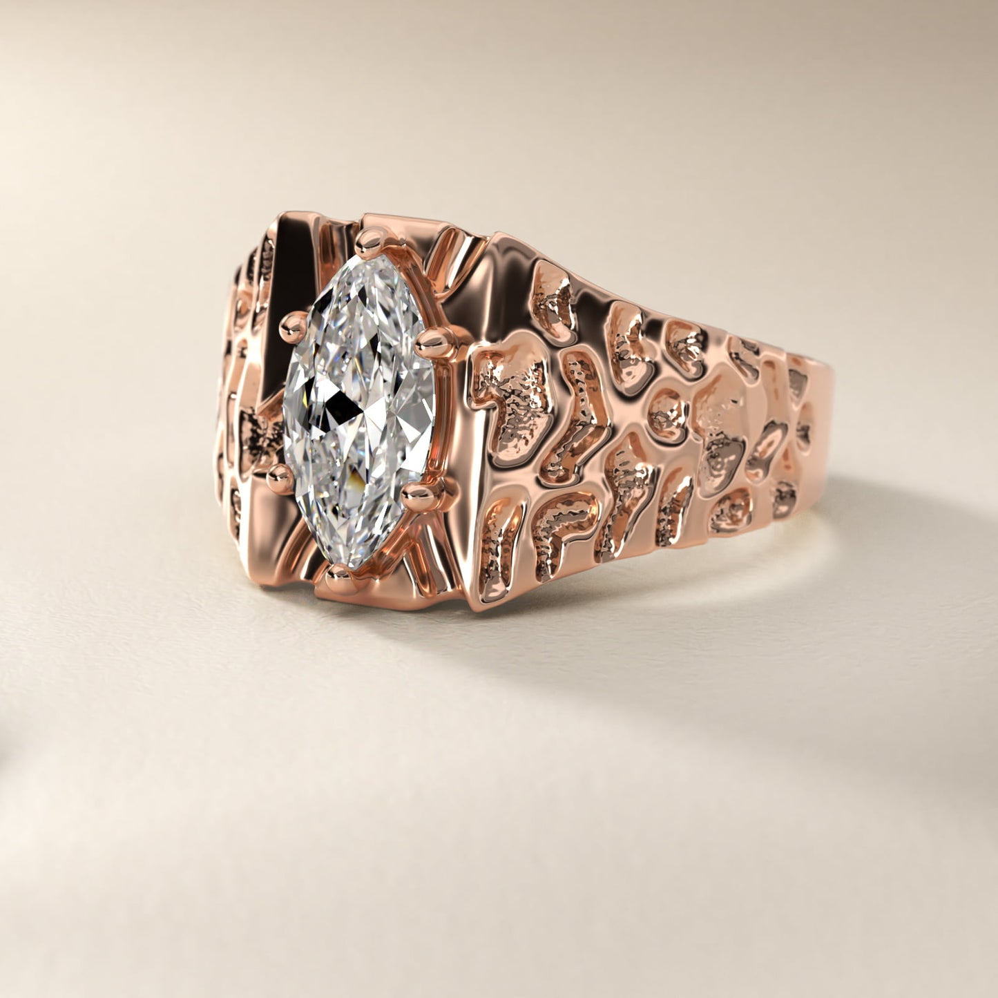 Men's Nugget Engagement Ring in 18k Rose Gold - Marquise Center