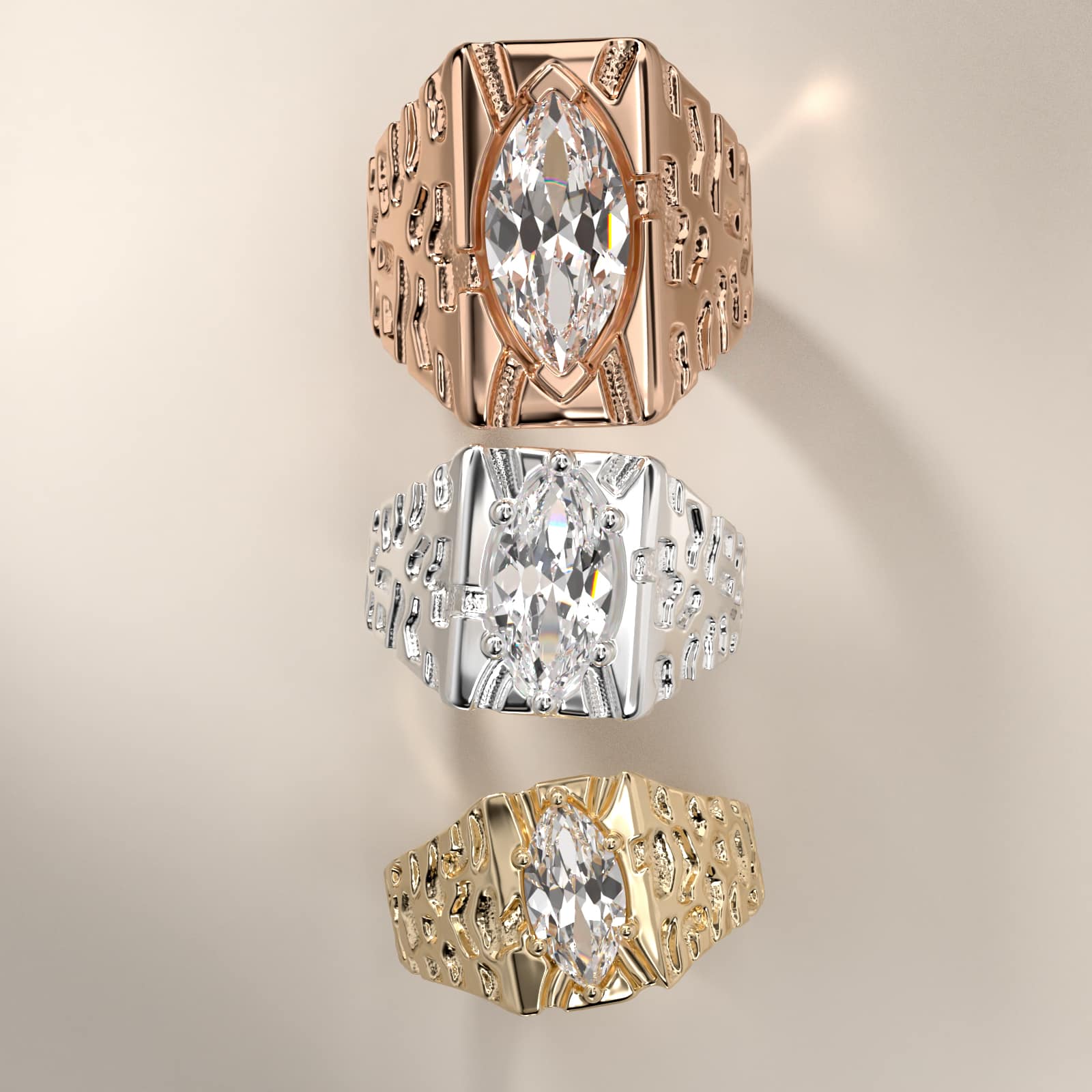 Men's Nugget Engagement Ring in 18k Rose Gold - Marquise Center
