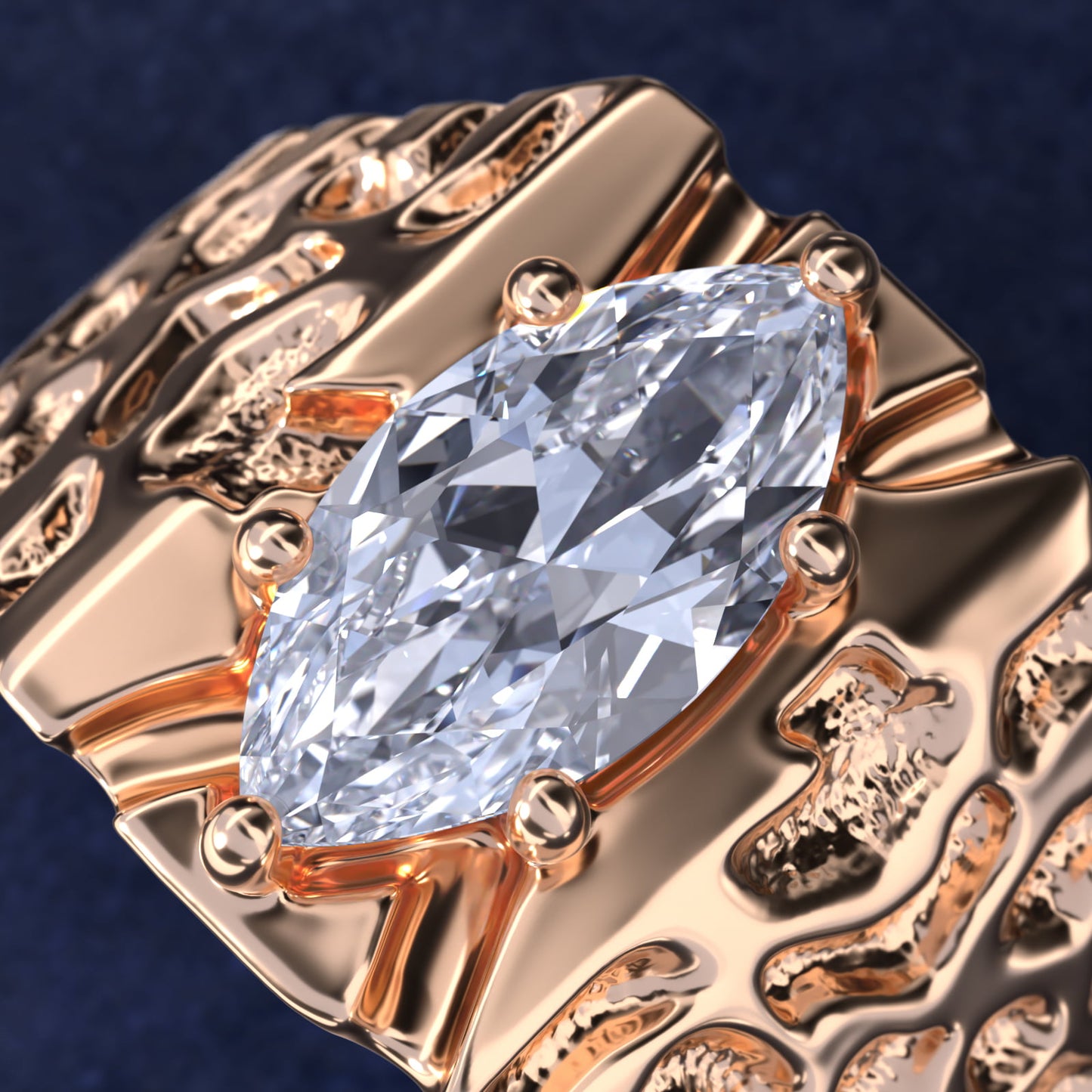 Men's Nugget Engagement Ring in 18k Rose Gold - Marquise Center