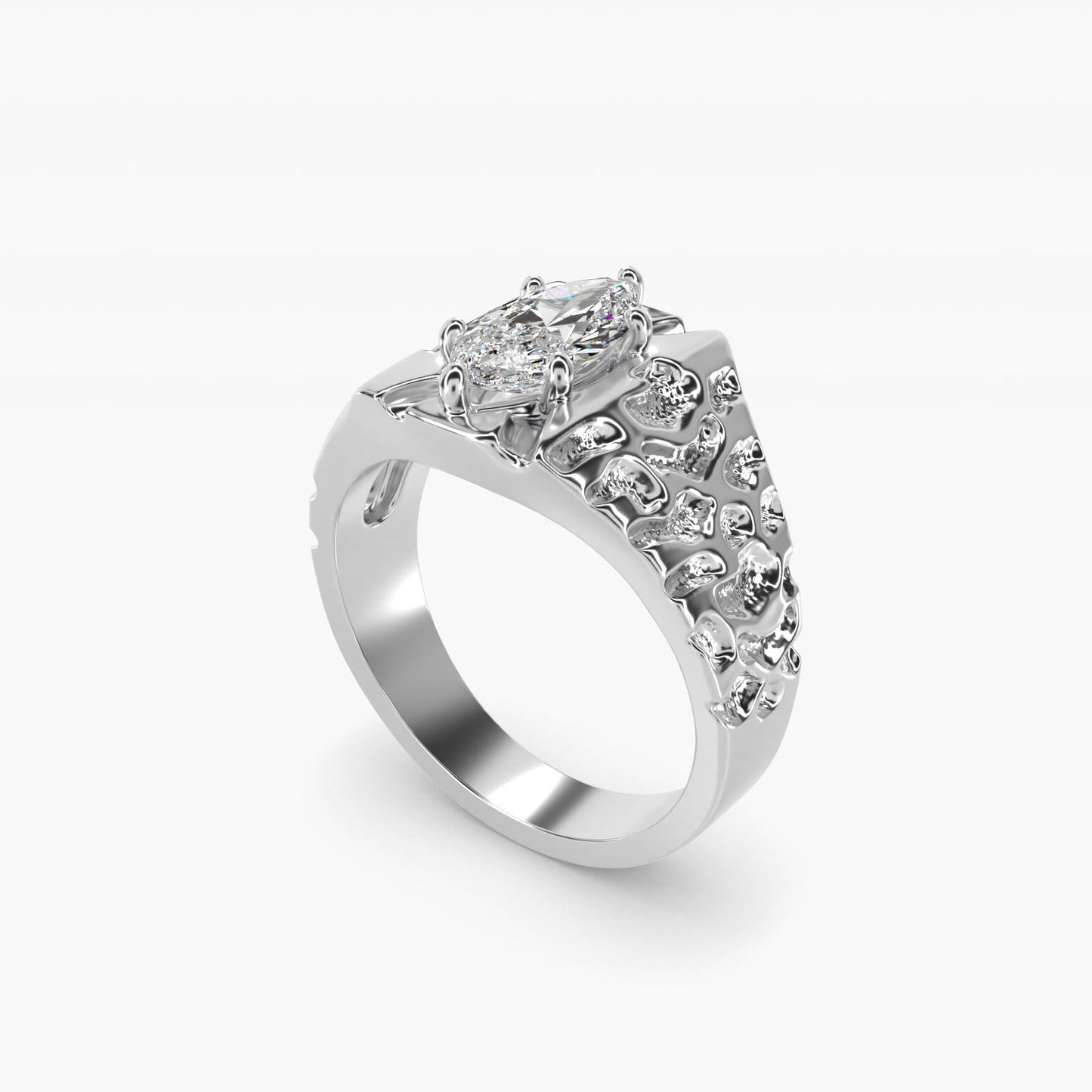 Men's Nugget Engagement Ring in 18k White Gold - Marquise Center