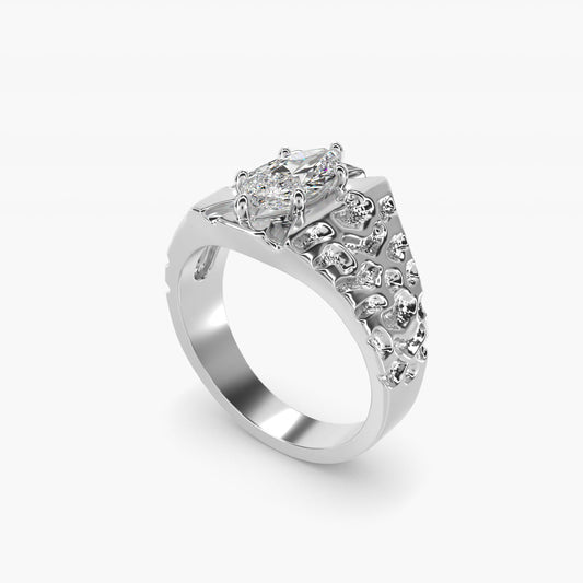 Men's Nugget Engagement Ring in 18k White Gold - Marquise Center