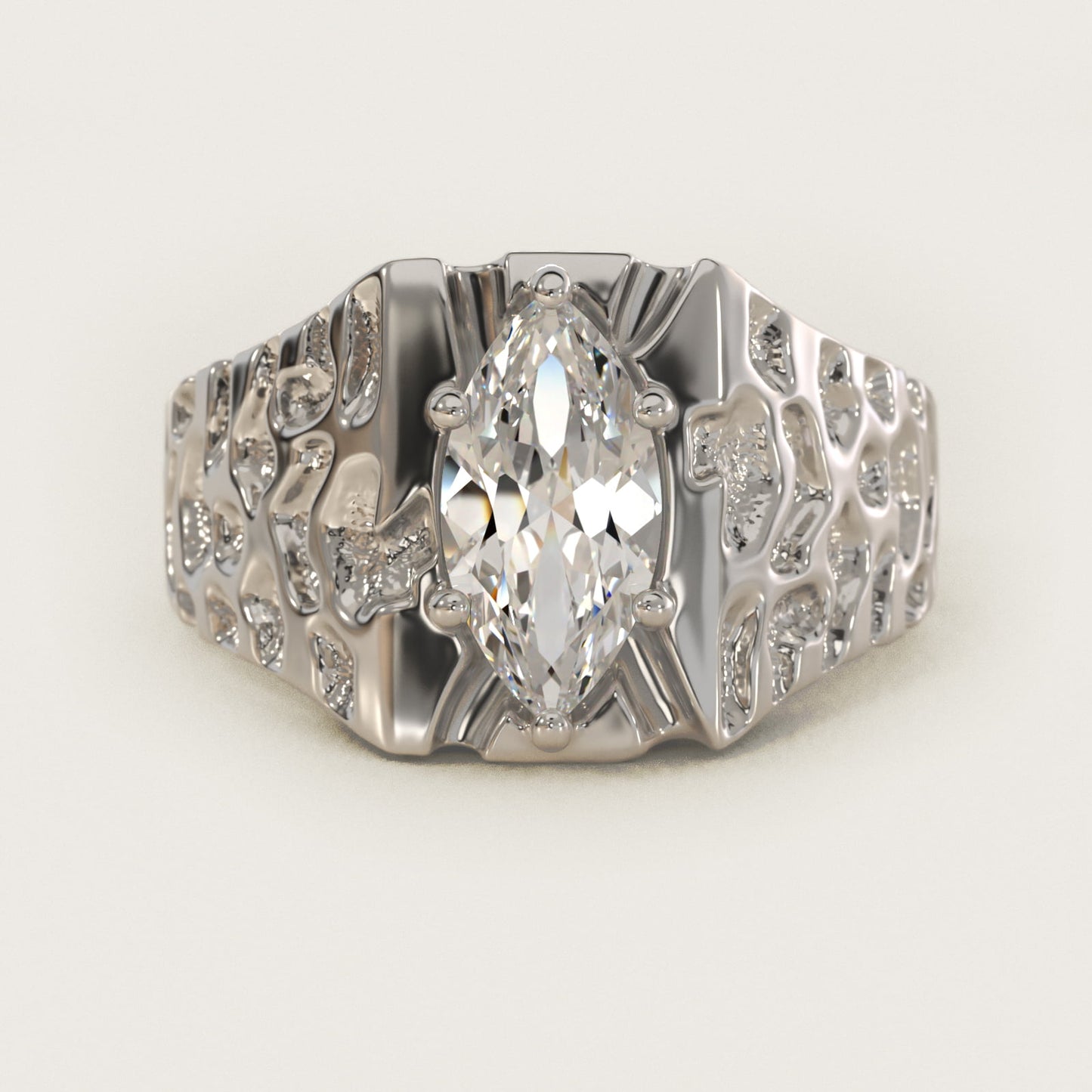 Men's Nugget Engagement Ring in 14k White Gold - Marquise Center