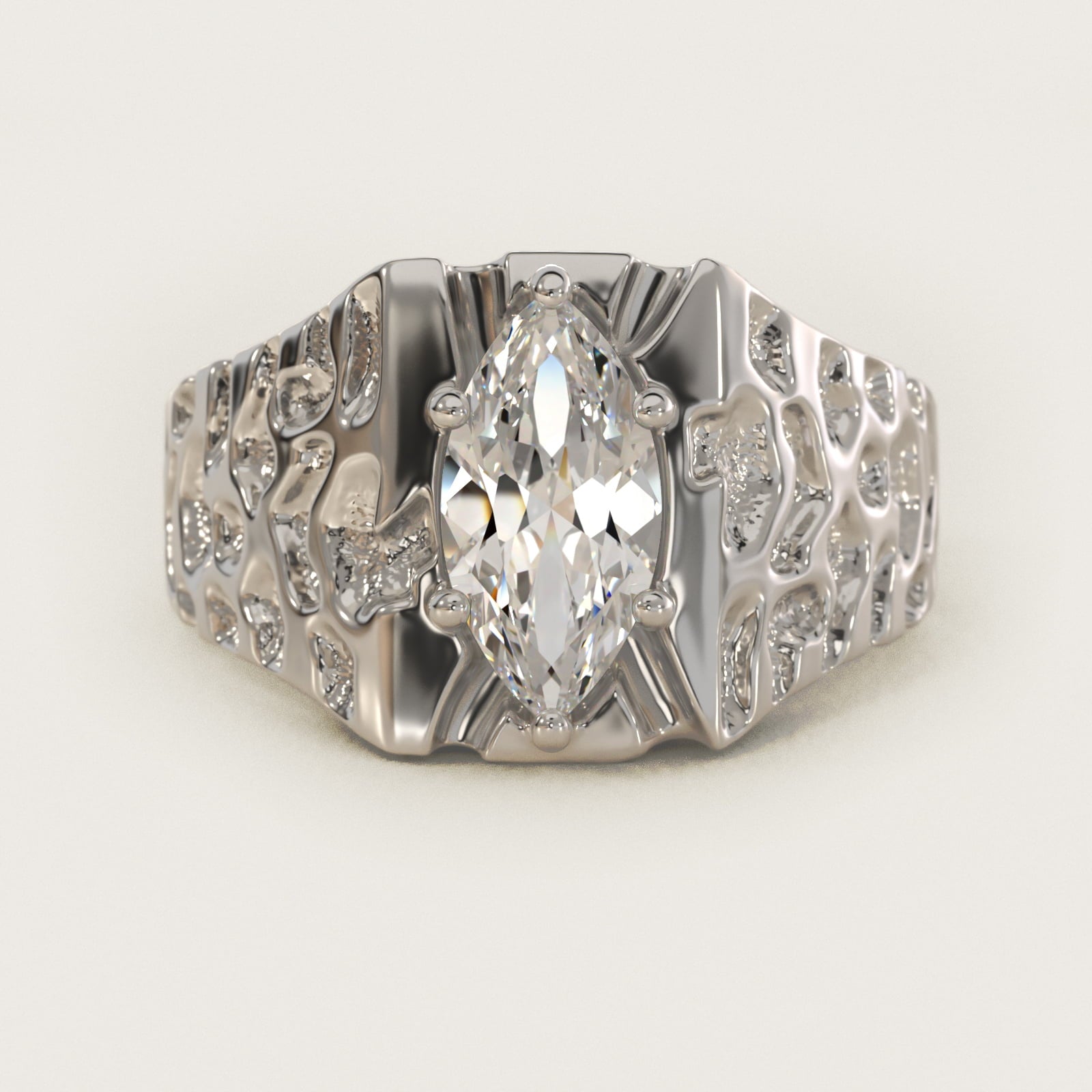 Men's Nugget Engagement Ring in 18k White Gold - Marquise Center