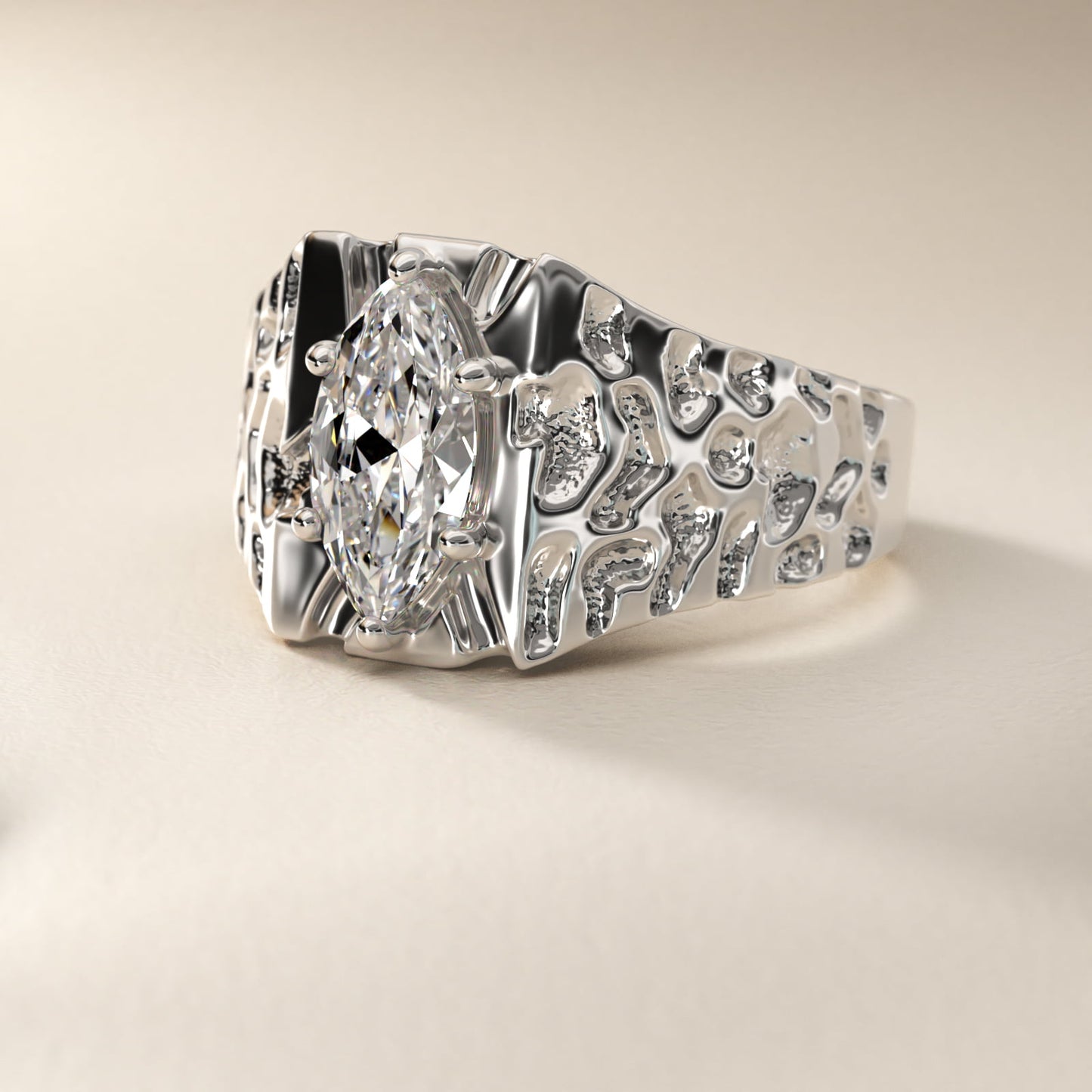 Men's Nugget Engagement Ring in 18k White Gold - Marquise Center