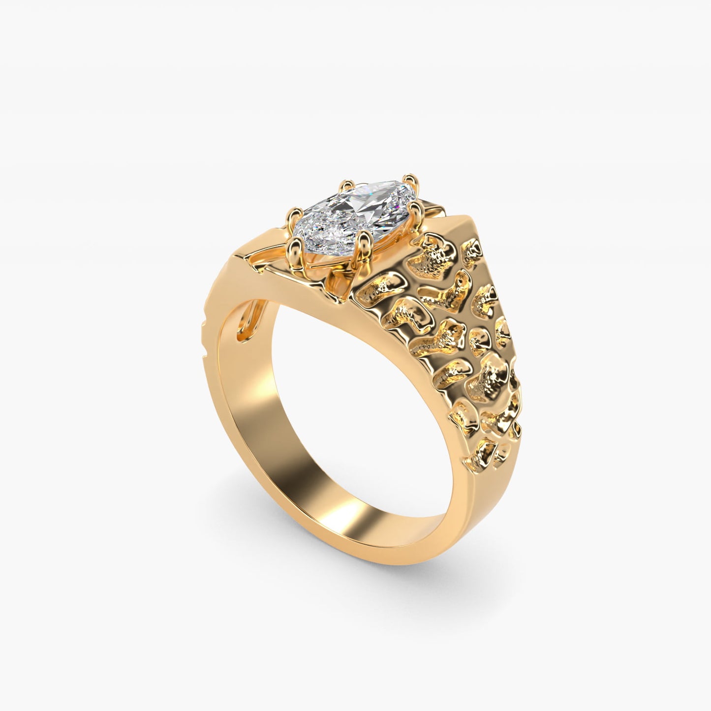 Men's Nugget Engagement Ring in 14k Yellow Gold - Marquise Center