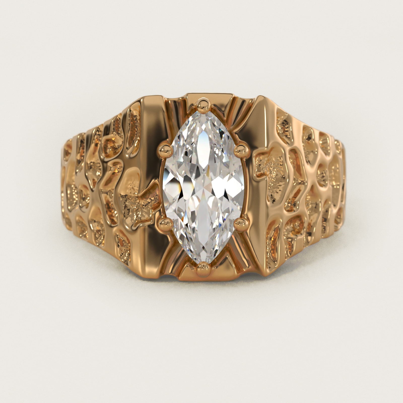 Men's Nugget Engagement Ring in 14k Yellow Gold - Marquise Center