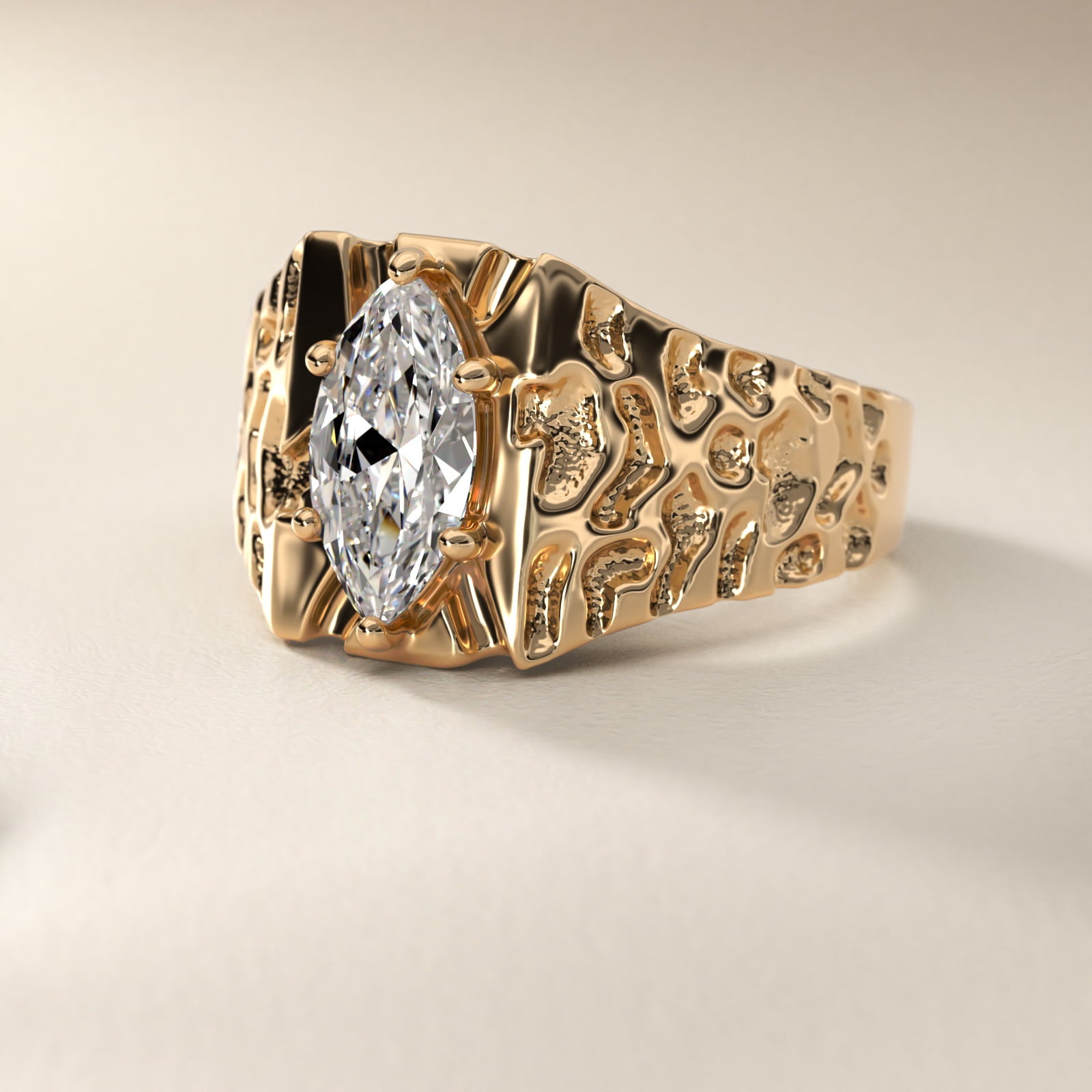 Men's Nugget Engagement Ring in 14k Yellow Gold - Marquise Center