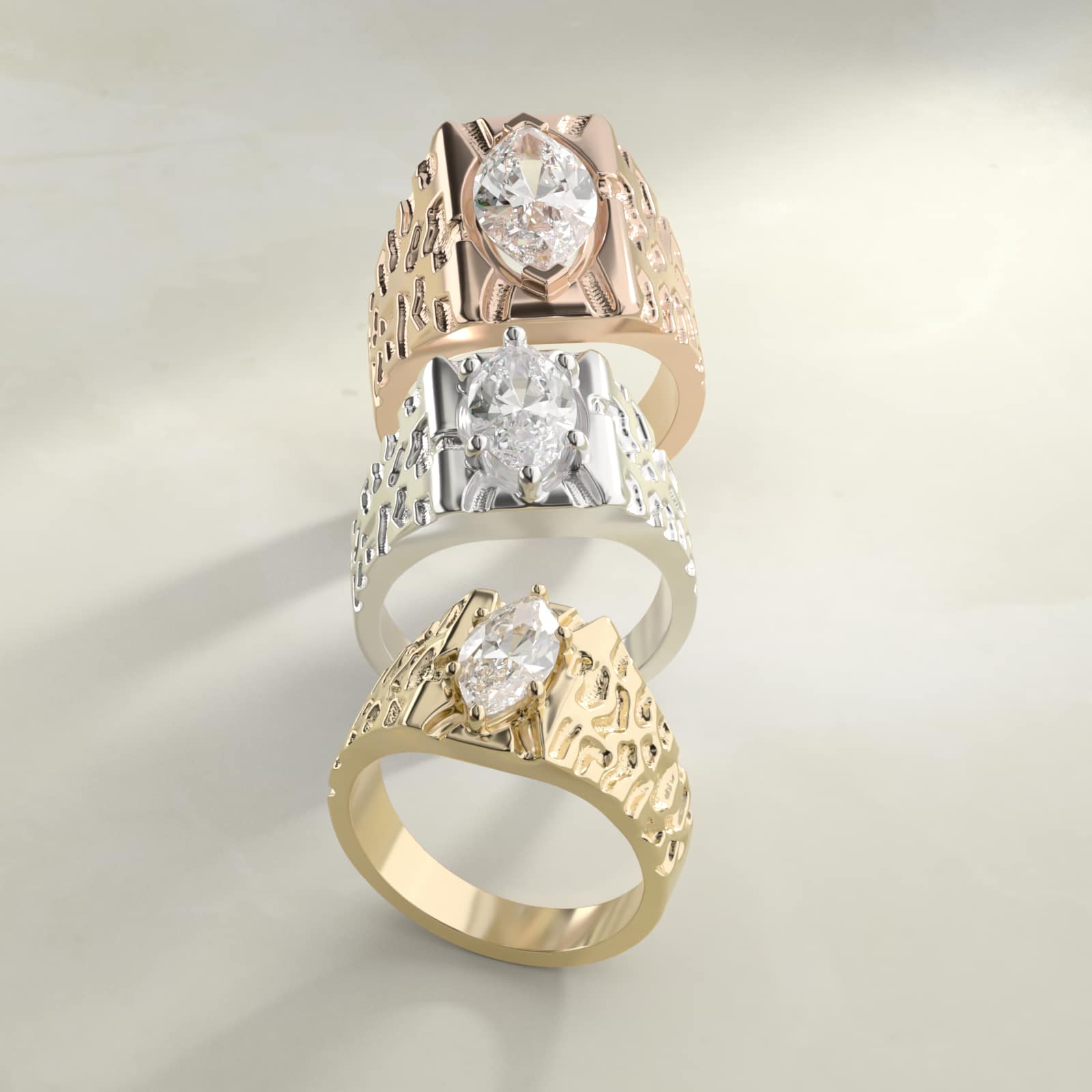 Men's Nugget Engagement Ring in 14k Yellow Gold - Marquise Center