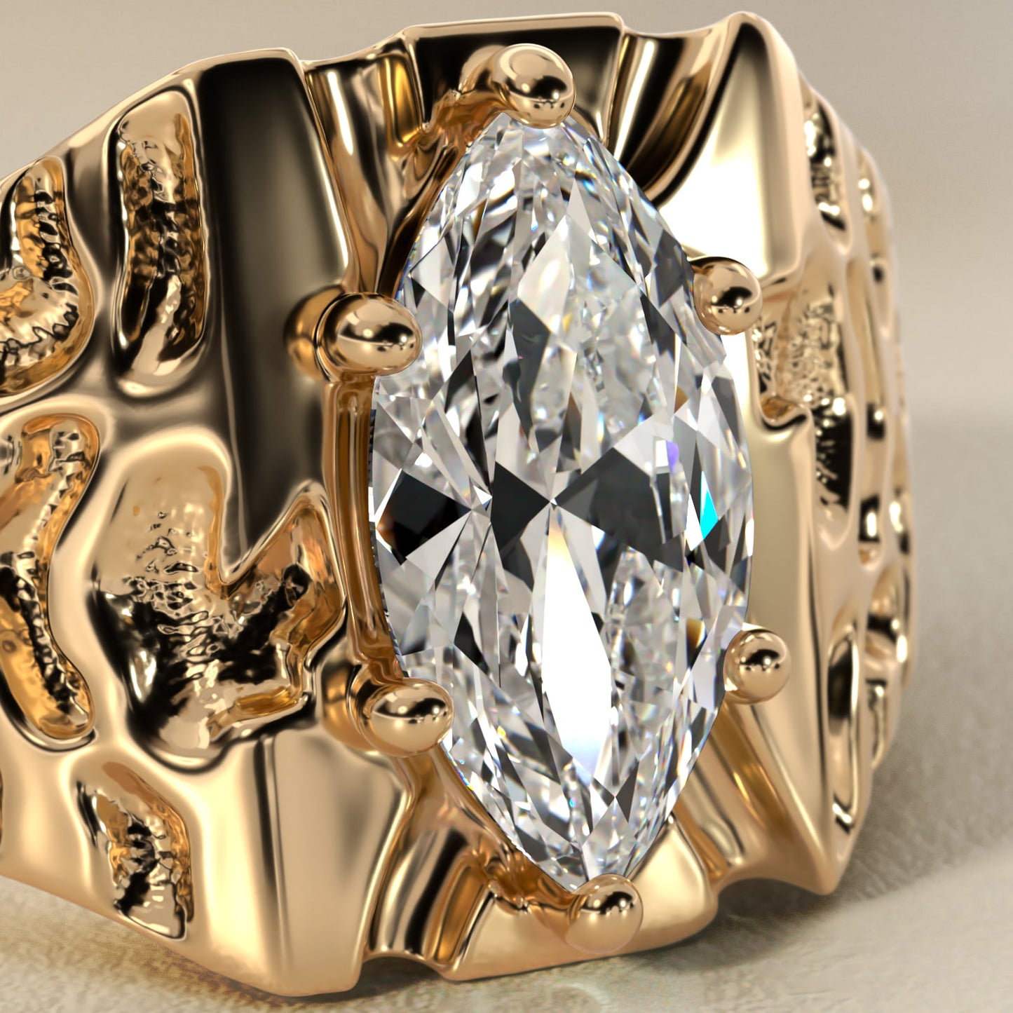 Men's Nugget Engagement Ring in 18k Yellow Gold - Marquise Center