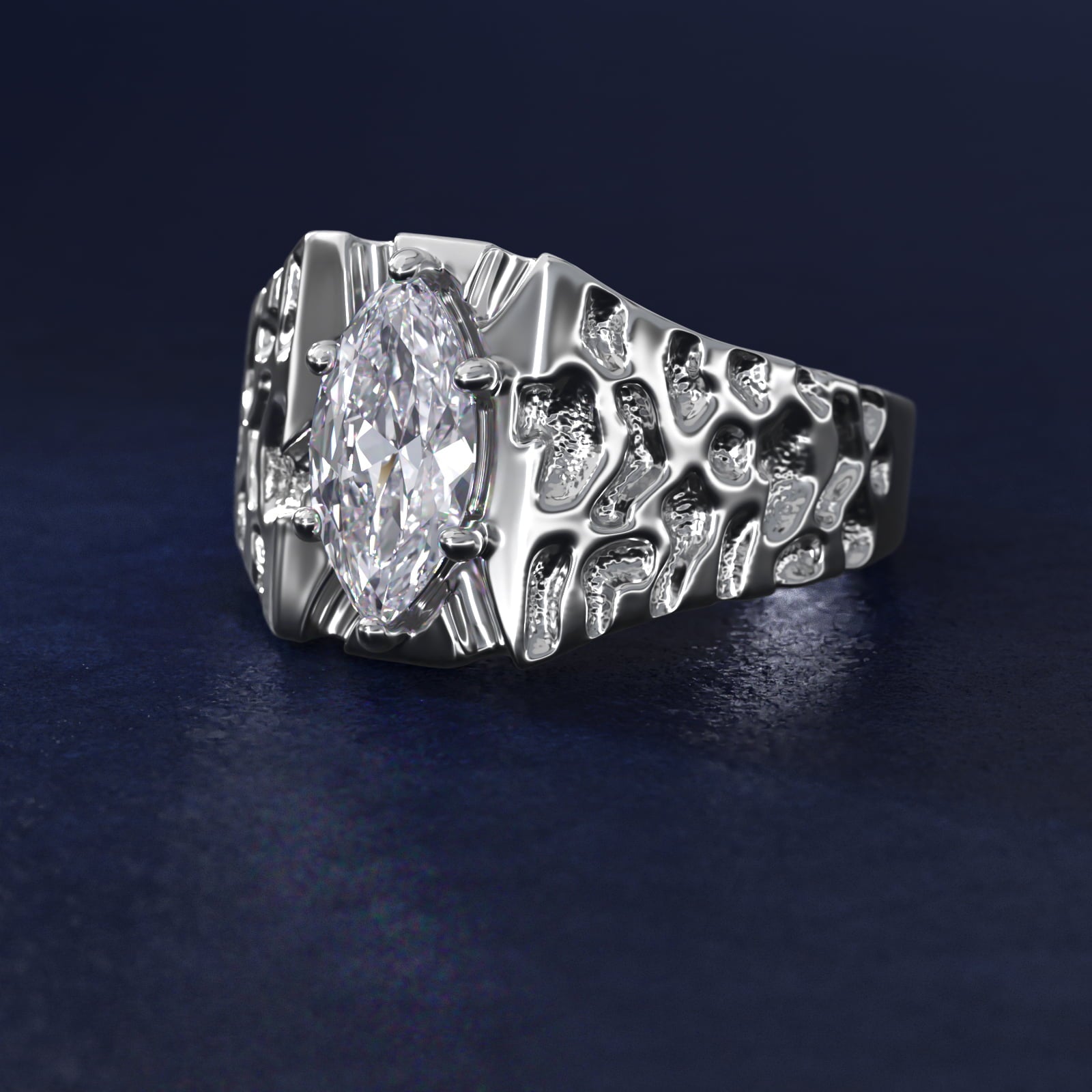 Men's Nugget Engagement Ring in Platinum - Marquise Center