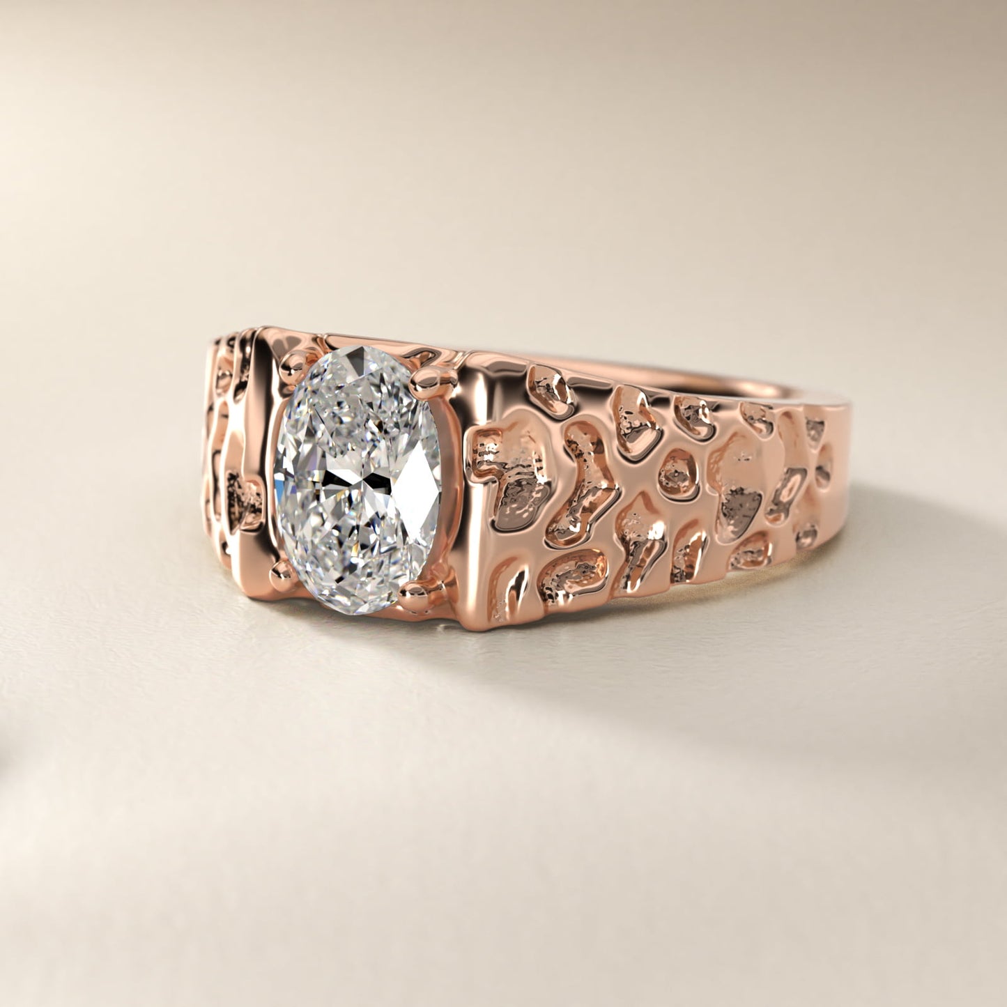 Men's Nugget Engagement Ring in 14k Rose Gold - Oval Center