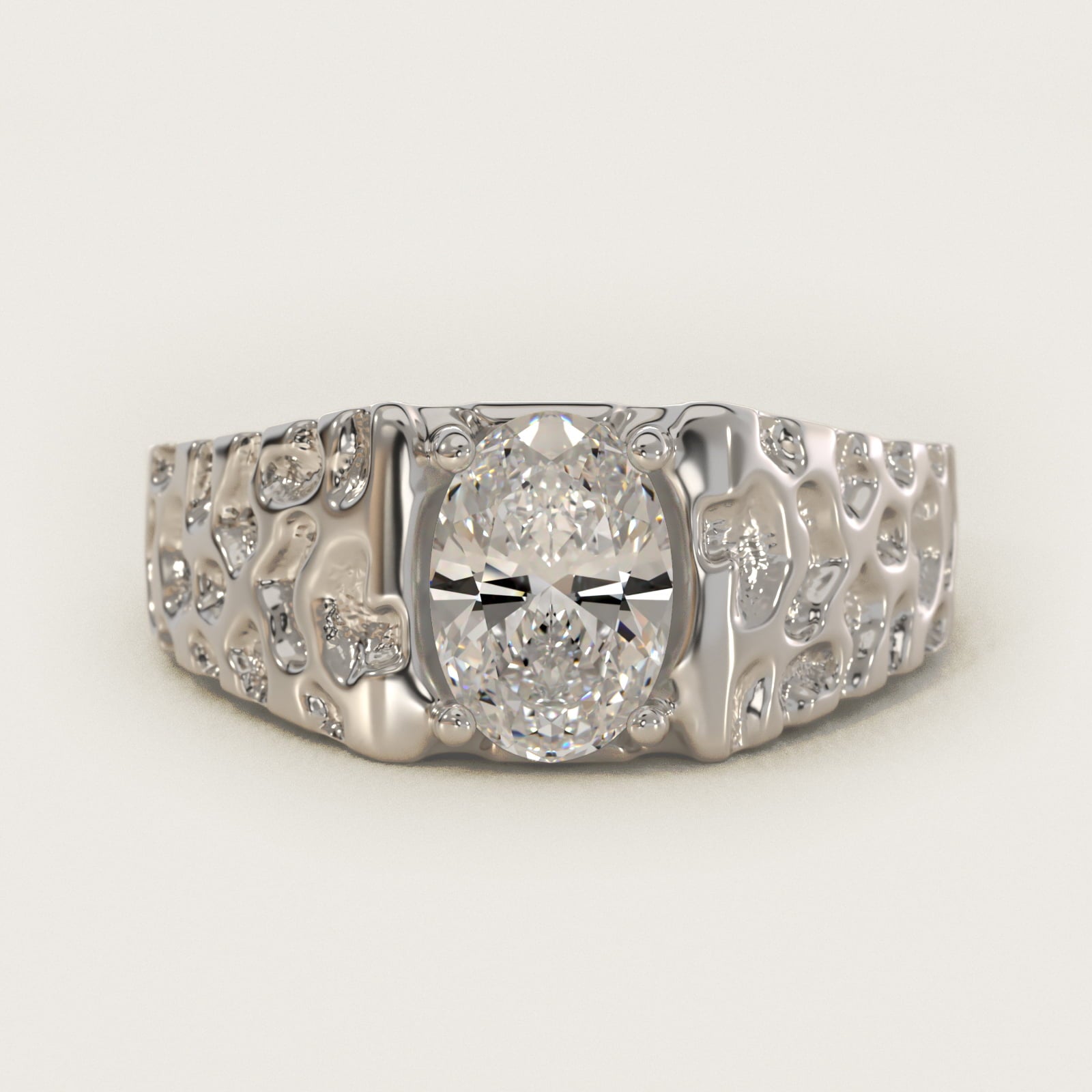 Men's Nugget Engagement Ring in 18k White Gold - Oval Center