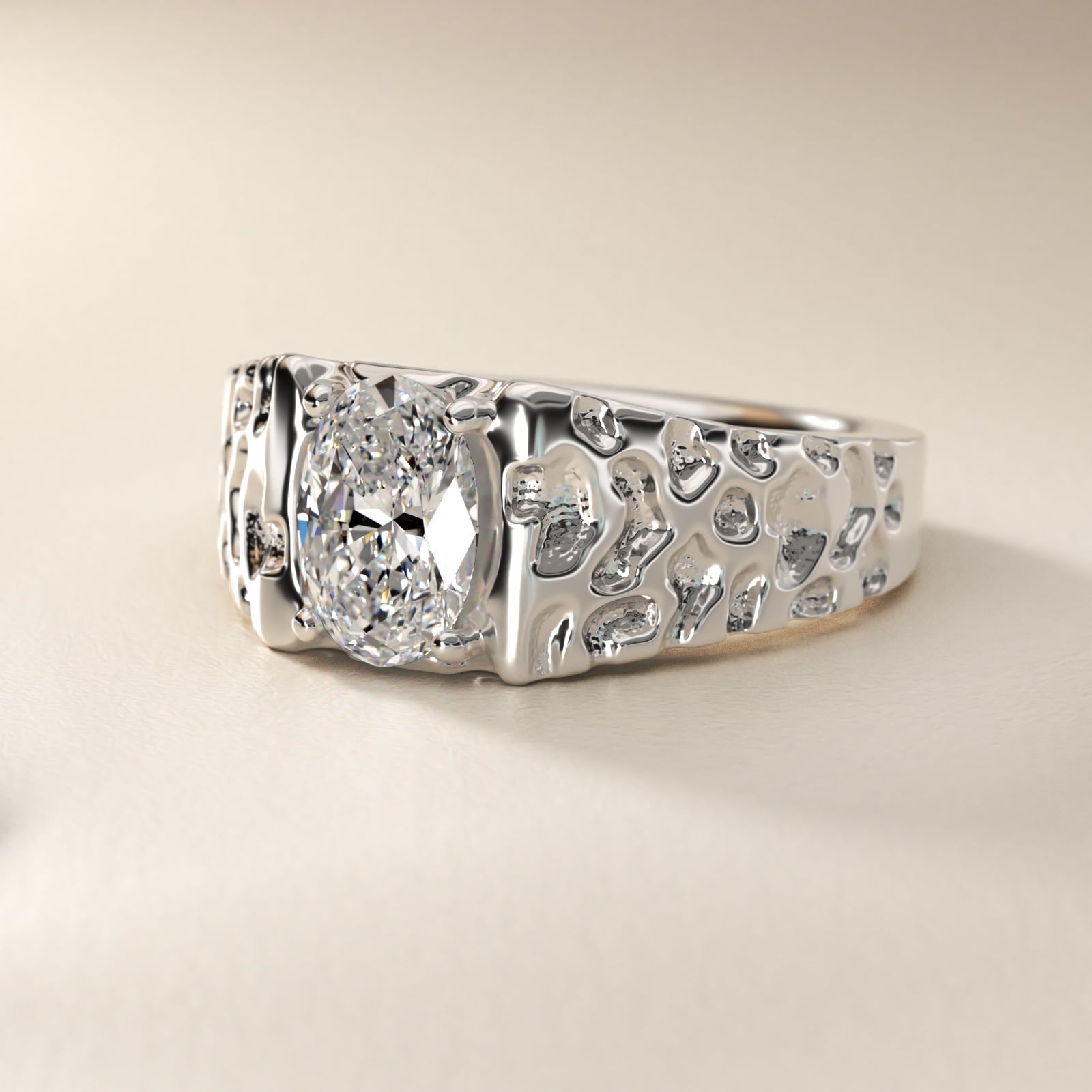 Men's Nugget Engagement Ring in 14k White Gold - Oval Center