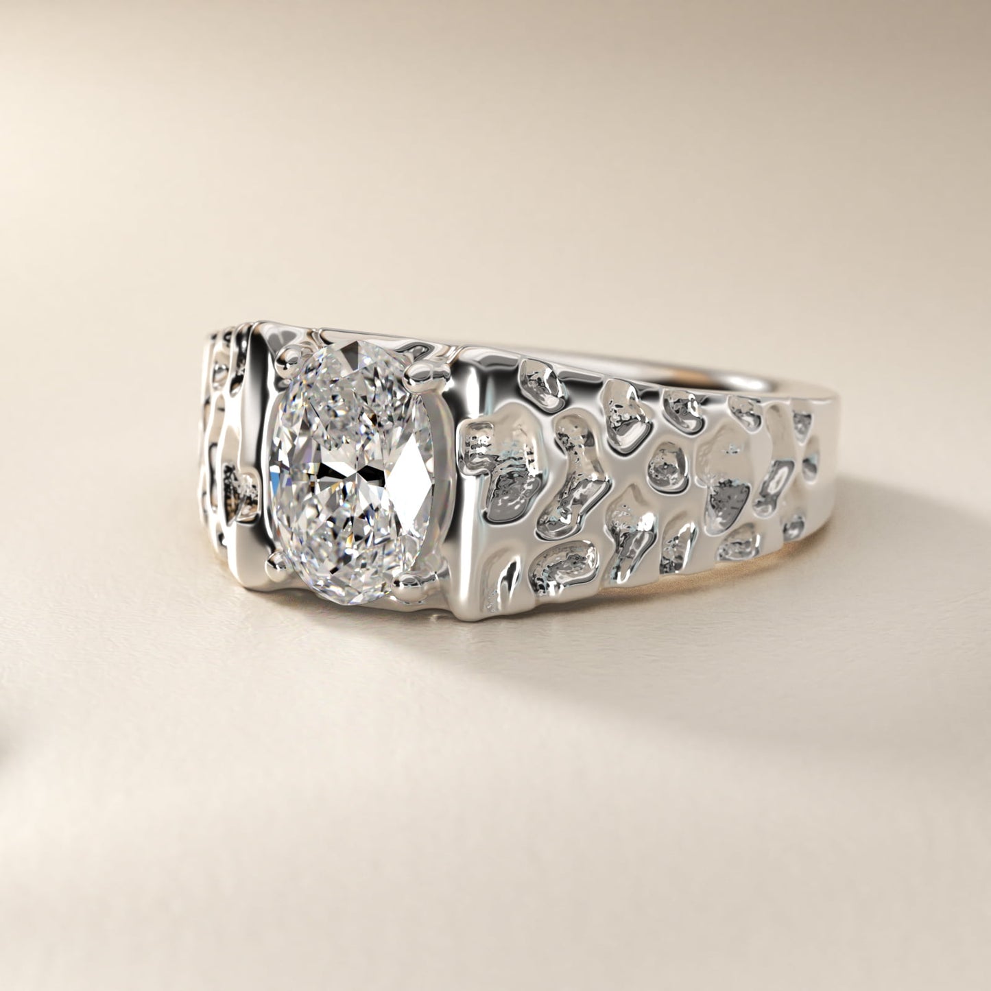 Men's Nugget Engagement Ring in 18k White Gold - Oval Center