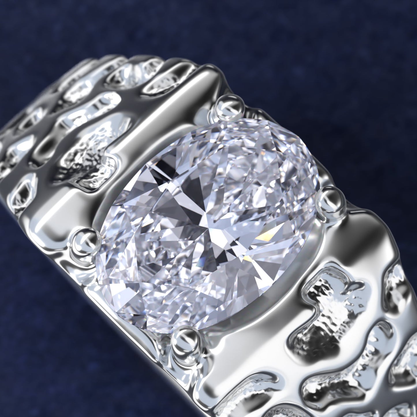 Men's Nugget Engagement Ring in 18k White Gold - Oval Center