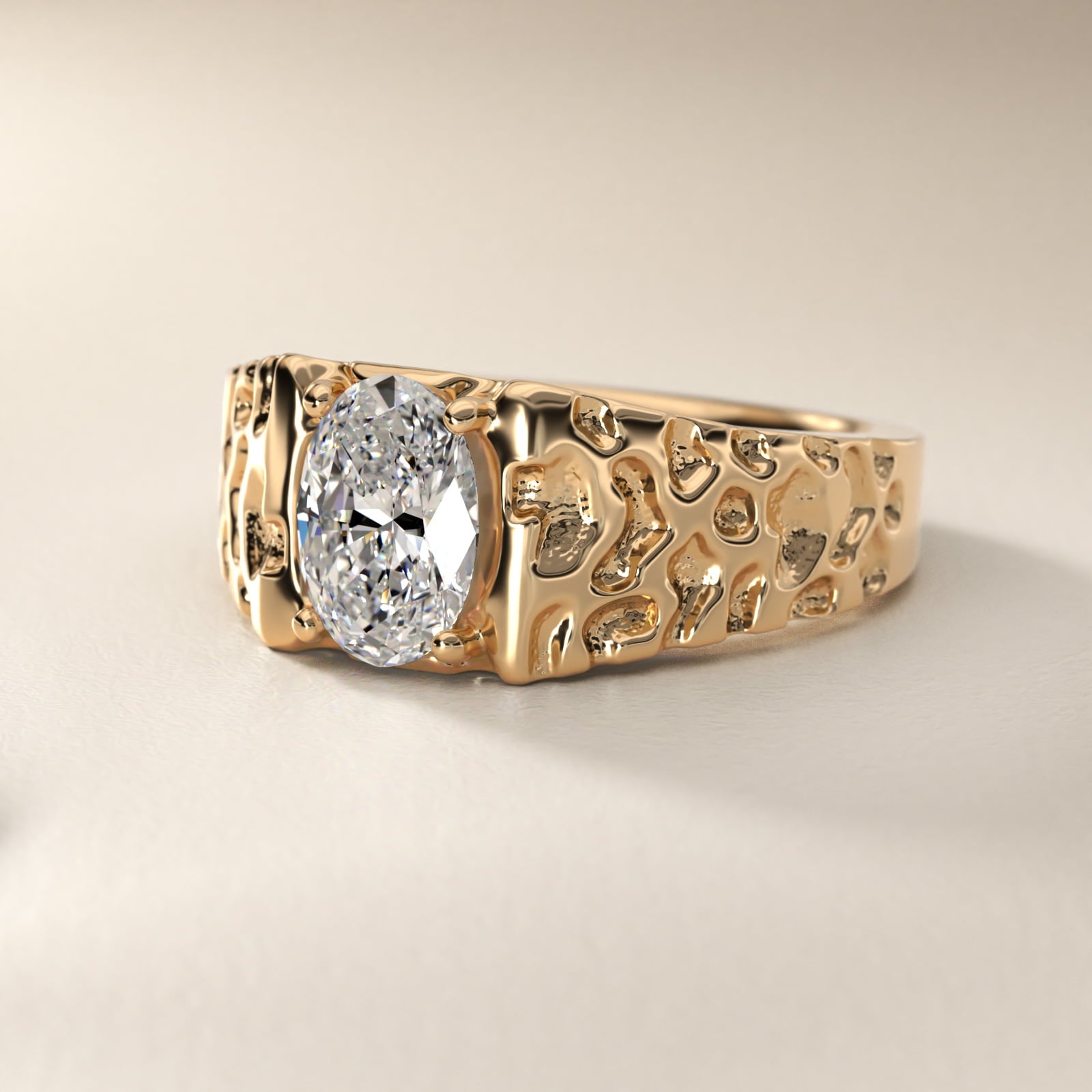 Men's Nugget Engagement Ring in 18k Yellow Gold - Oval Center