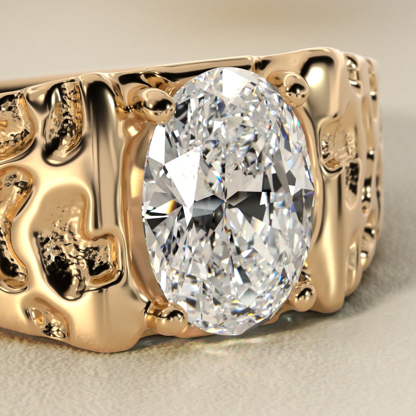 Men's Nugget Engagement Ring in 18k Yellow Gold - Oval Center