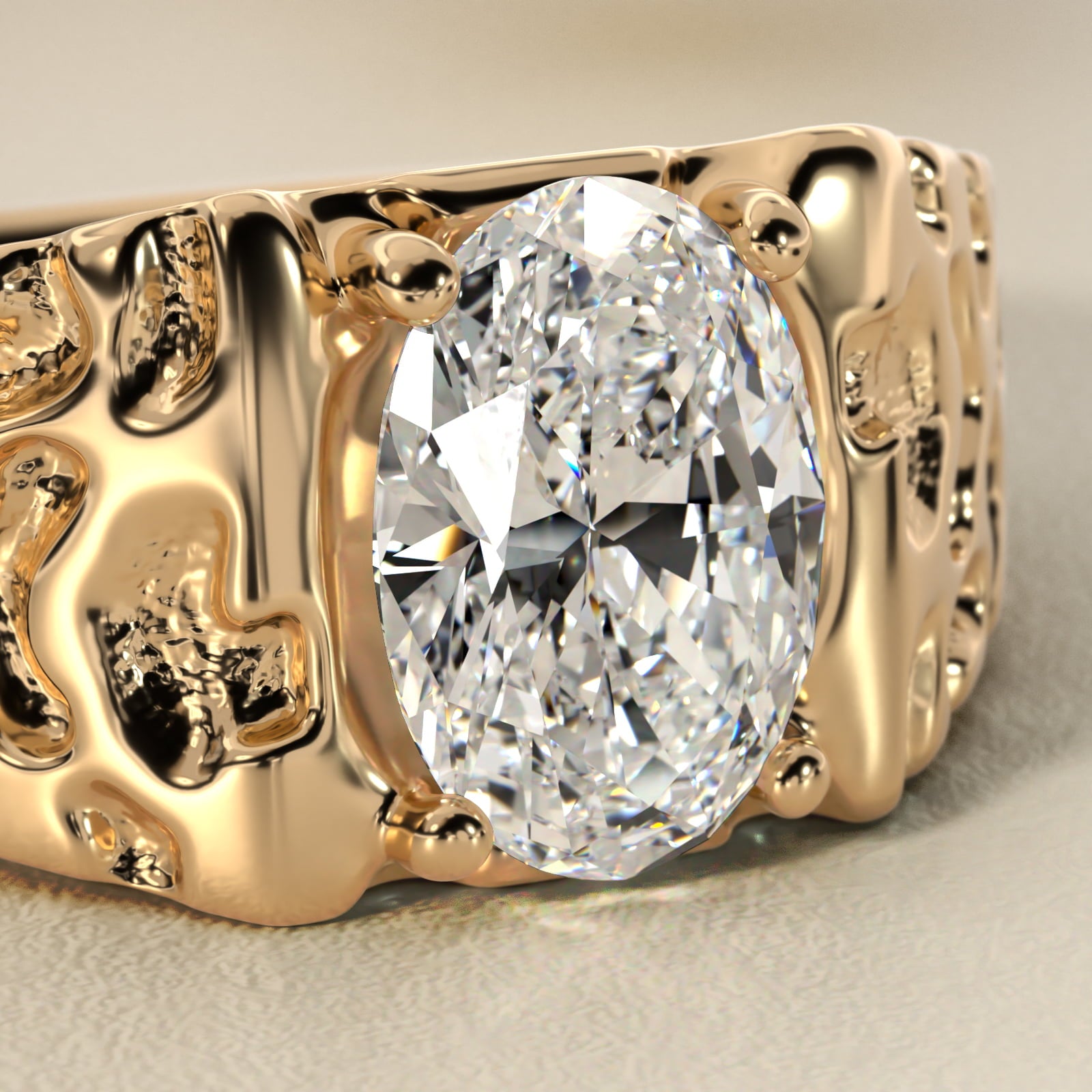 Men's Nugget Engagement Ring in 18k Yellow Gold - Oval Center
