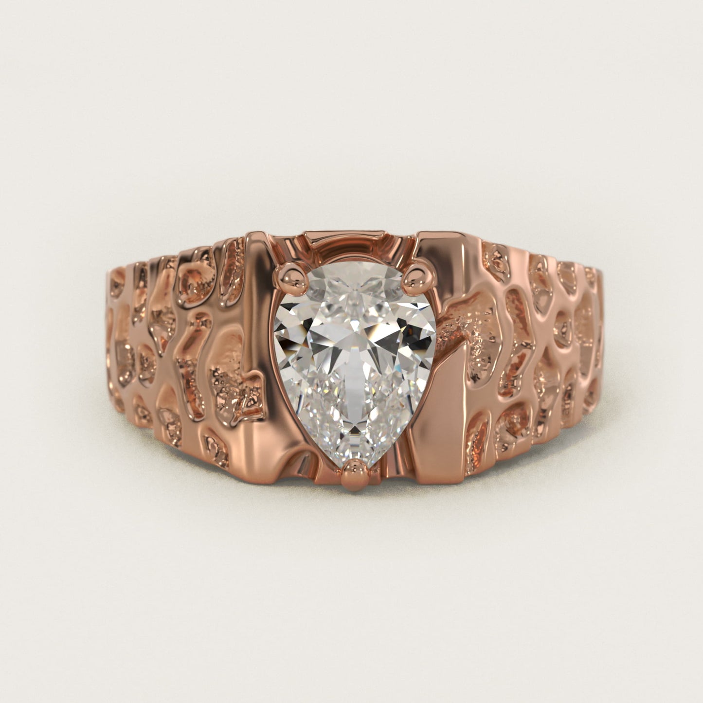 Men's Nugget Engagement Ring in 14k Rose Gold - Pear Center