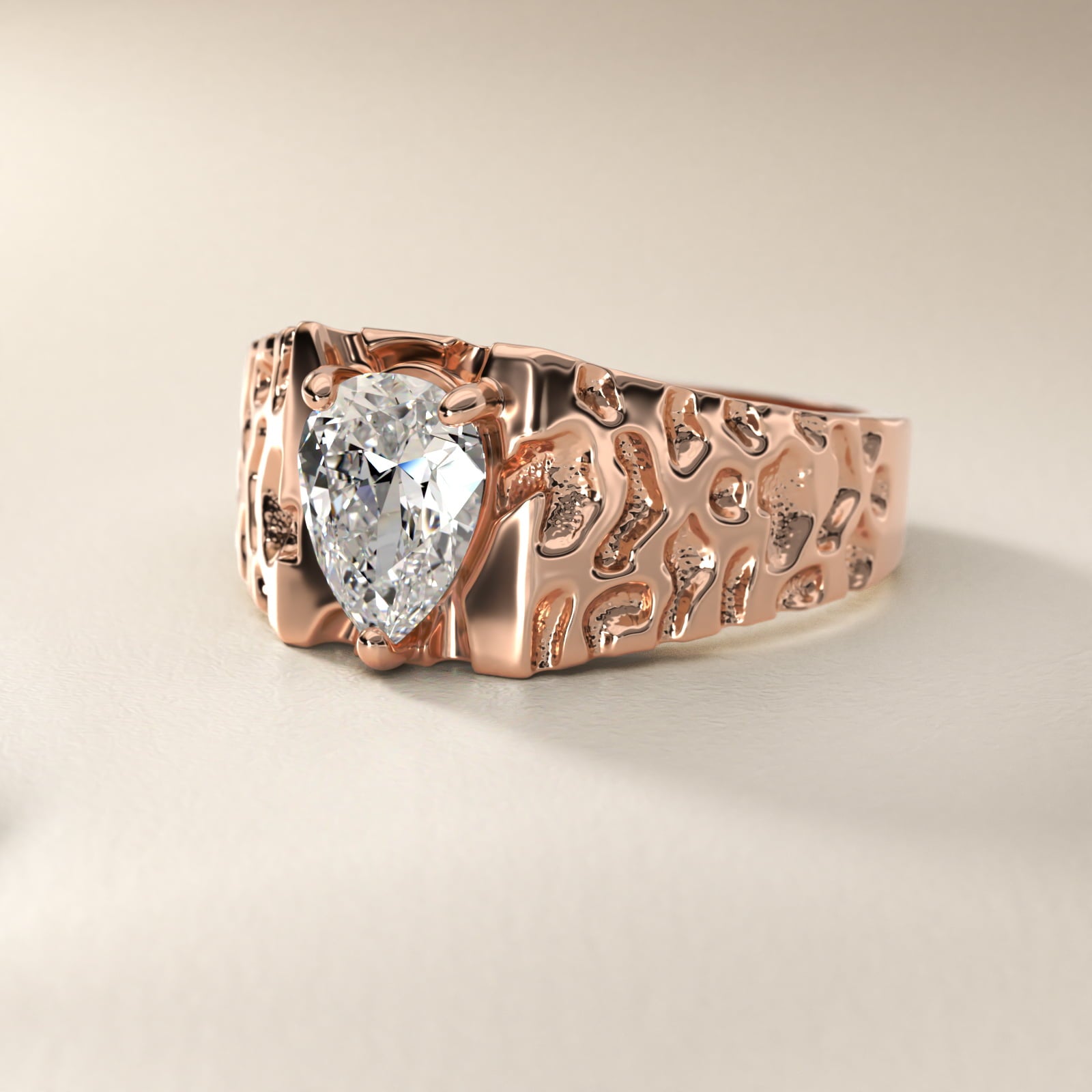 Men's Nugget Engagement Ring in 14k Rose Gold - Pear Center