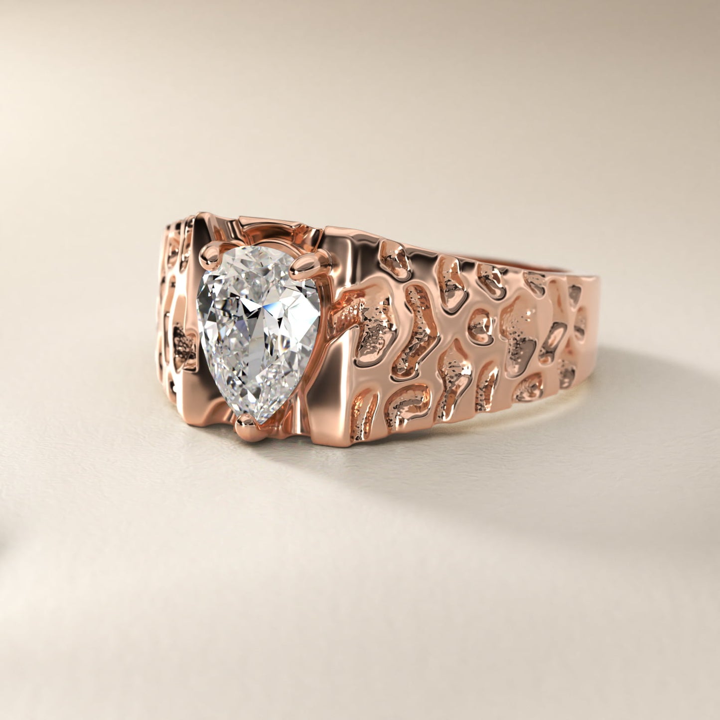 Men's Nugget Engagement Ring in 18k Rose Gold - Pear Center