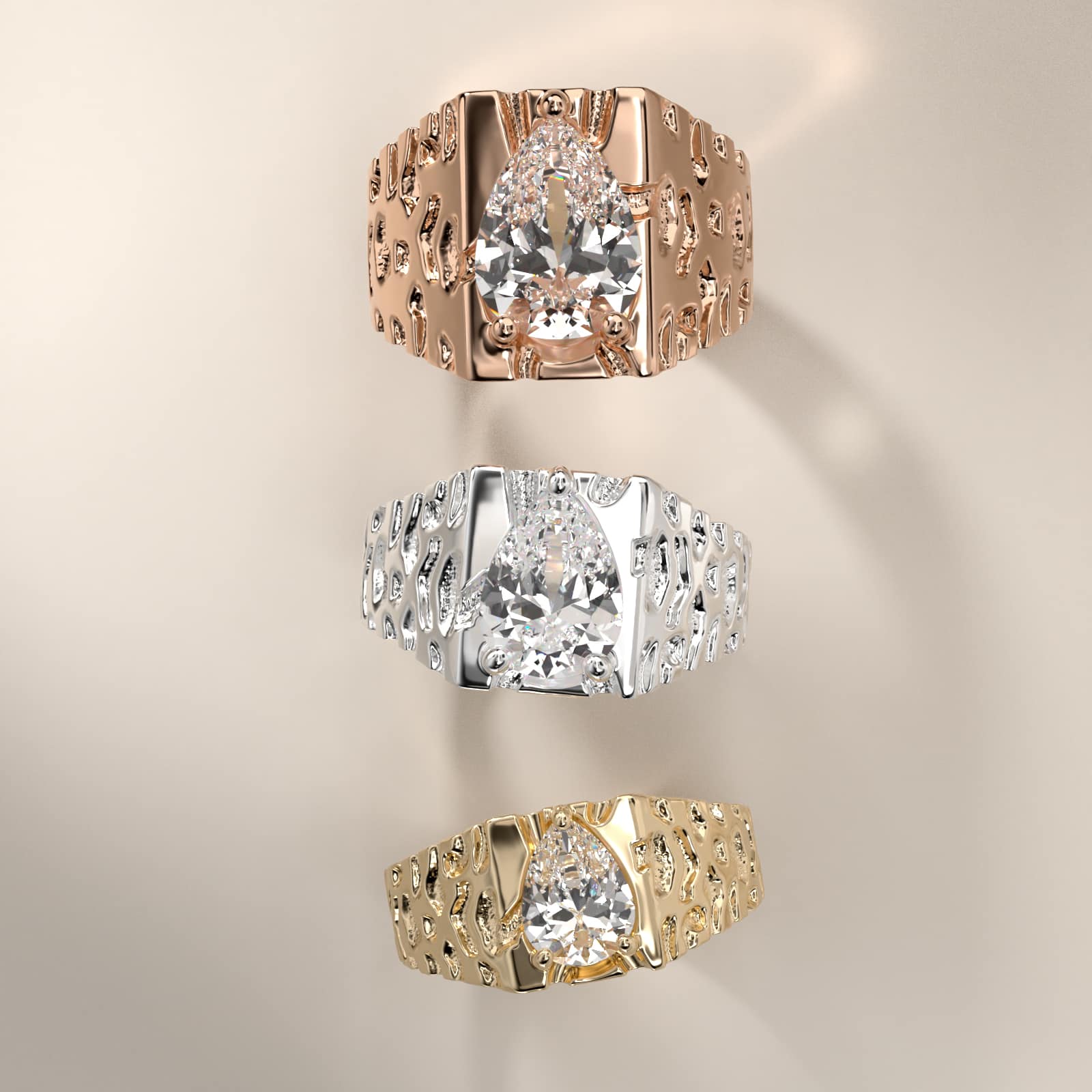 Men's Nugget Engagement Ring in 14k Rose Gold - Pear Center