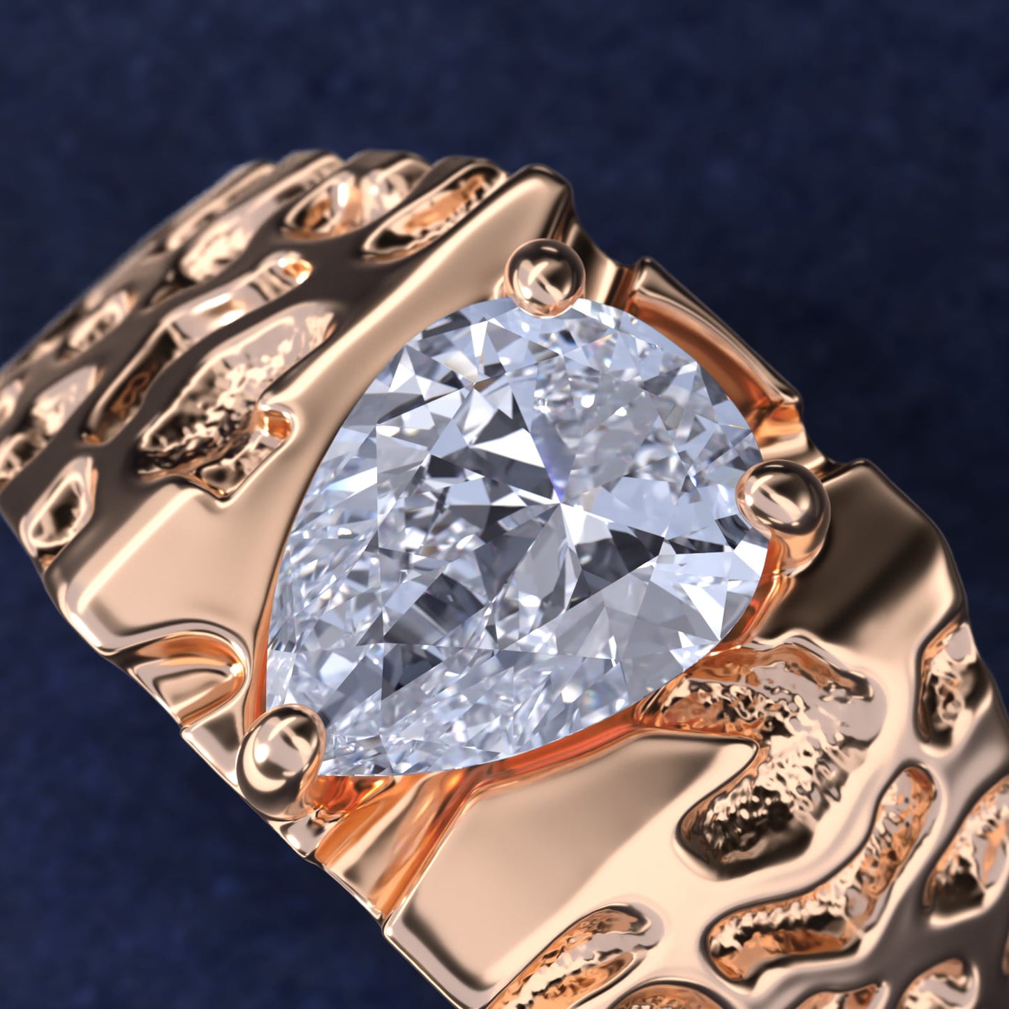 Men's Nugget Engagement Ring in 14k Rose Gold - Pear Center