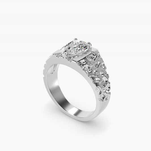 Men's Nugget Engagement Ring in 14k White Gold - Pear Center