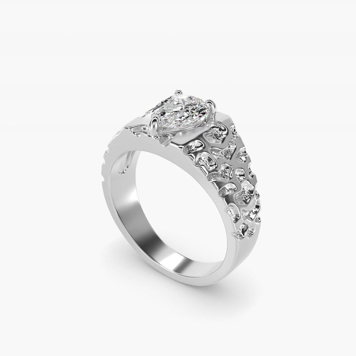 Men's Nugget Engagement Ring in 18k White Gold - Pear Center