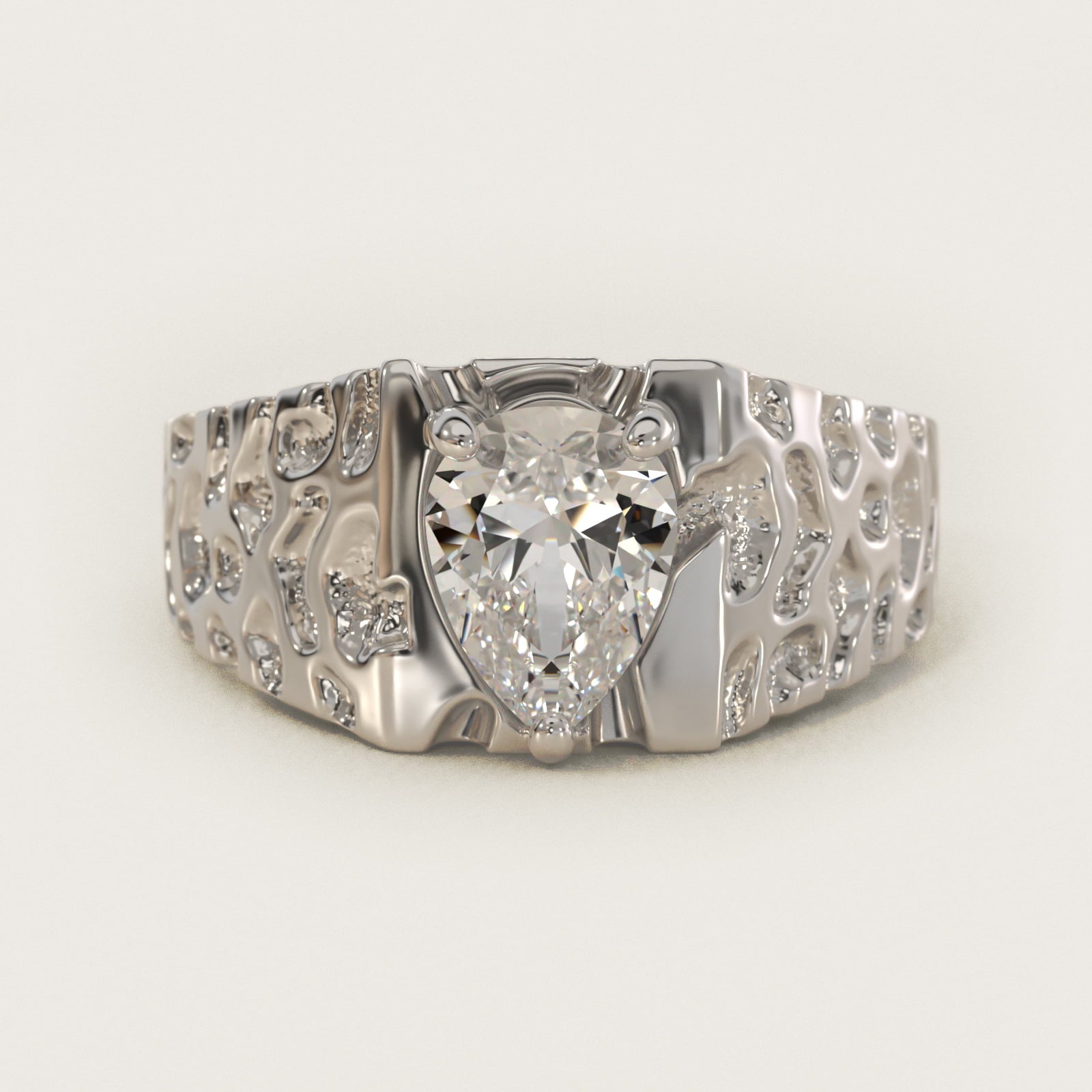 Men's Nugget Engagement Ring in 18k White Gold - Pear Center