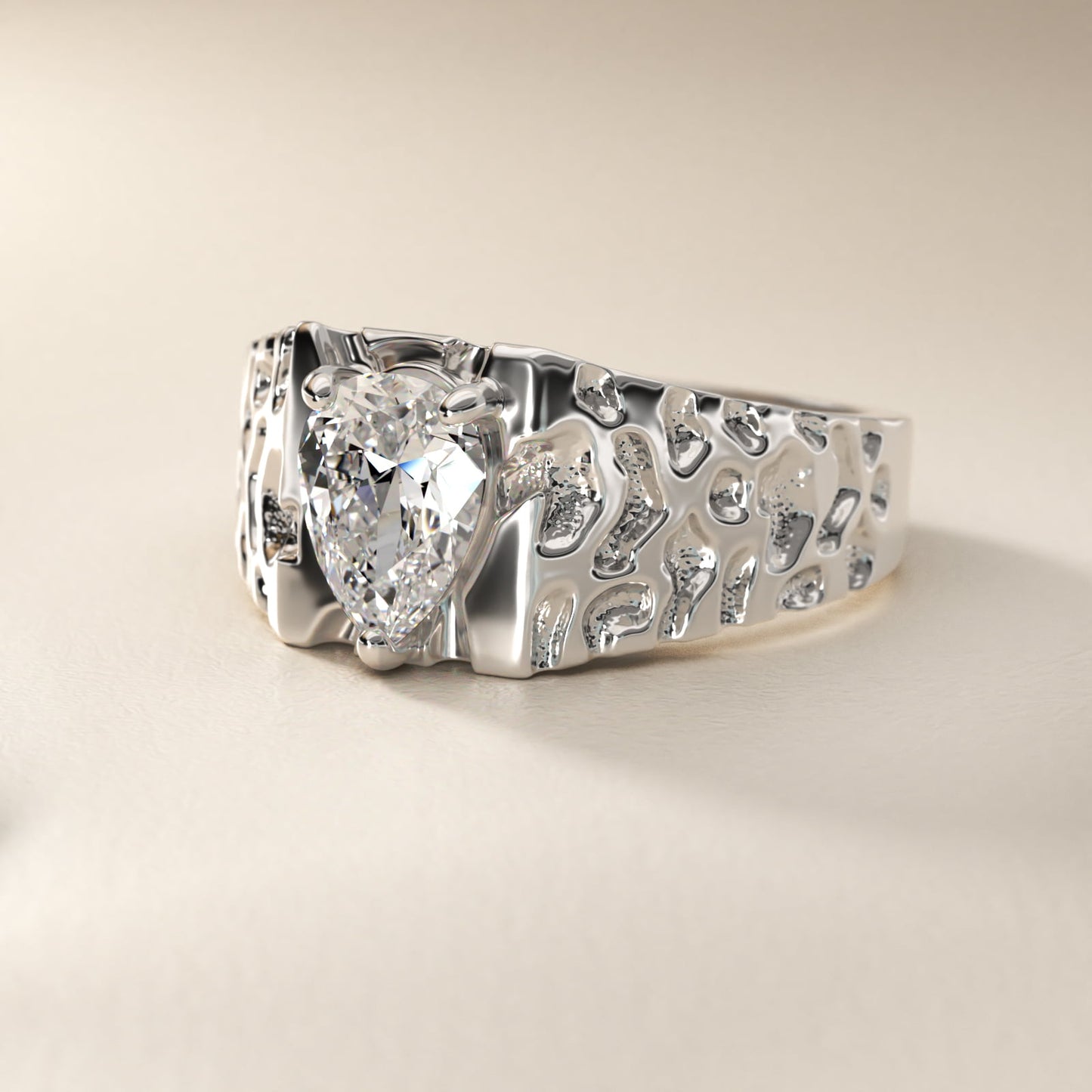 Men's Nugget Engagement Ring in 14k White Gold - Pear Center