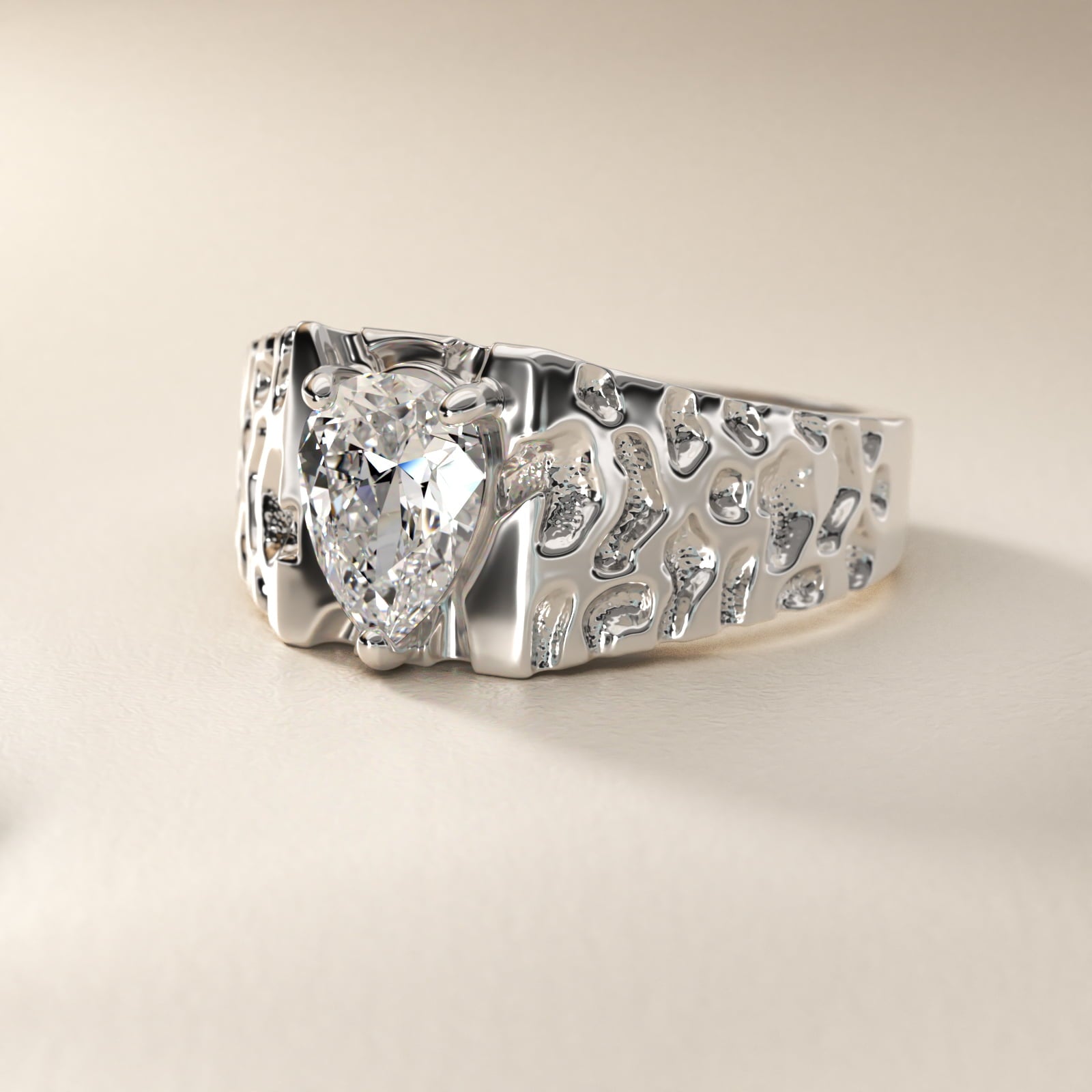 Men's Nugget Engagement Ring in 14k White Gold - Pear Center